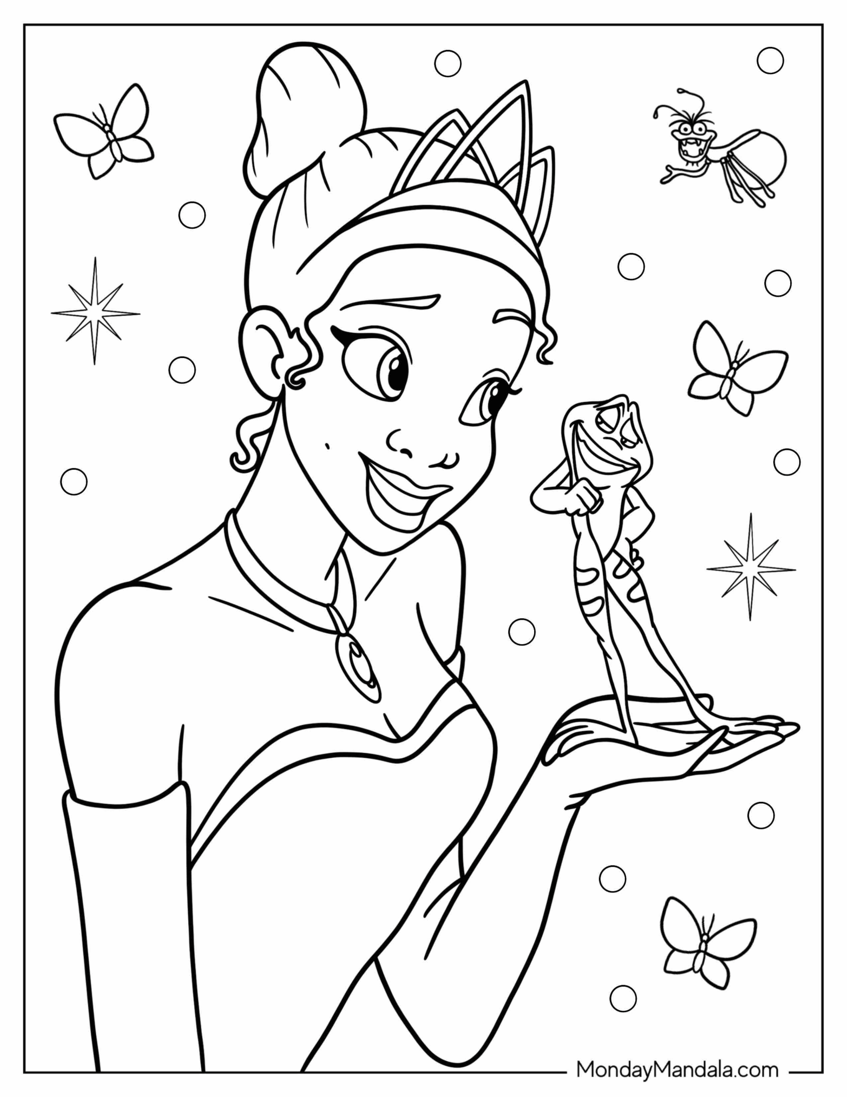 Princess Tiana Smiling At Frog Prince Naveen Coloring Page