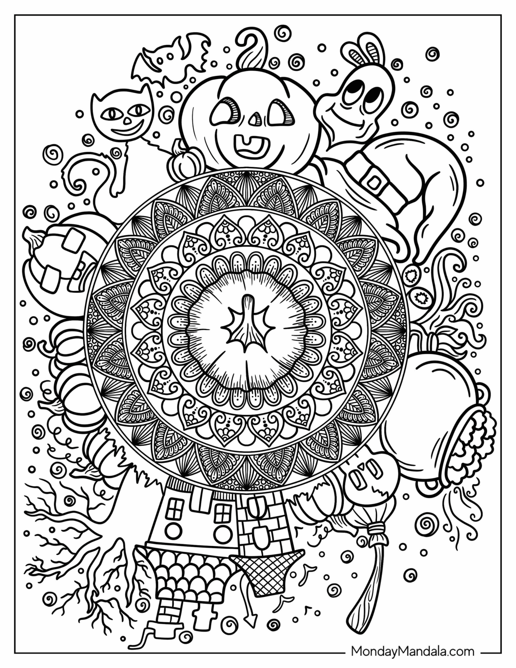 Pumpkin, Ghost, Black Cat, And Bats Around Halloween Mandala Coloring Page