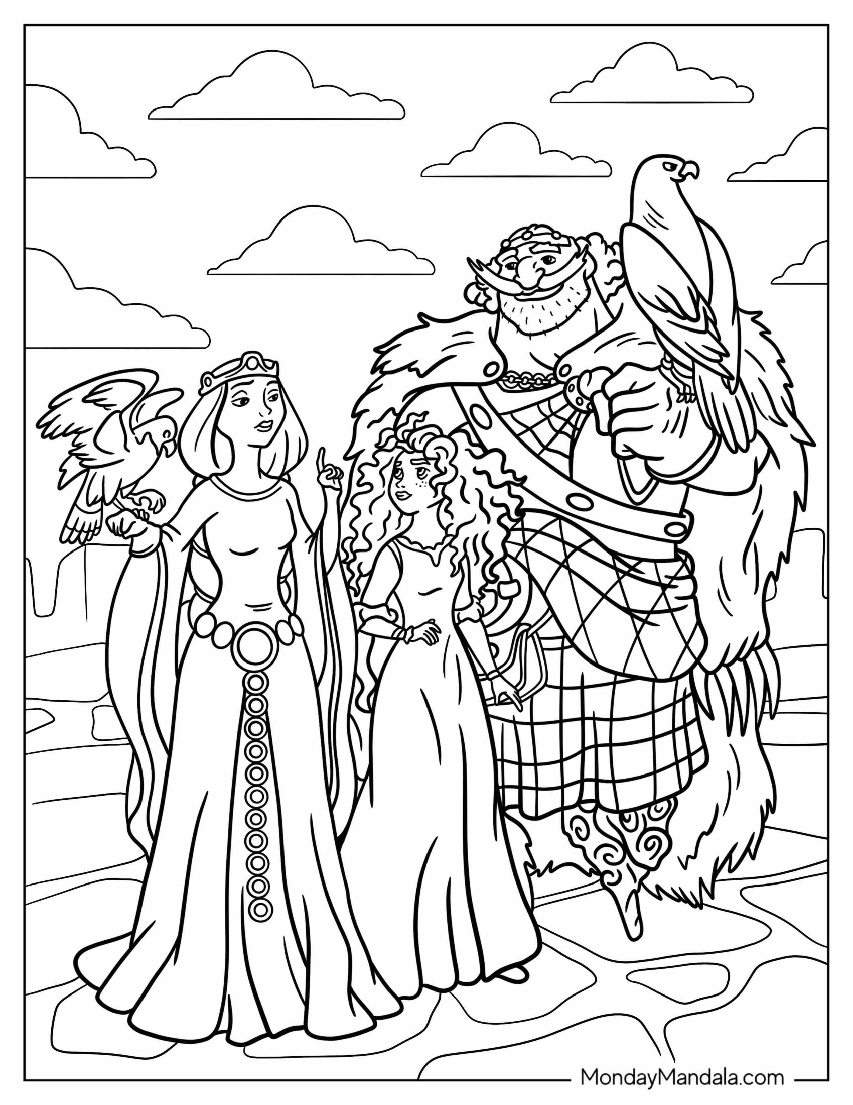 Queen Elinor And King Fergus Holding Eagles With Merida Coloring Page