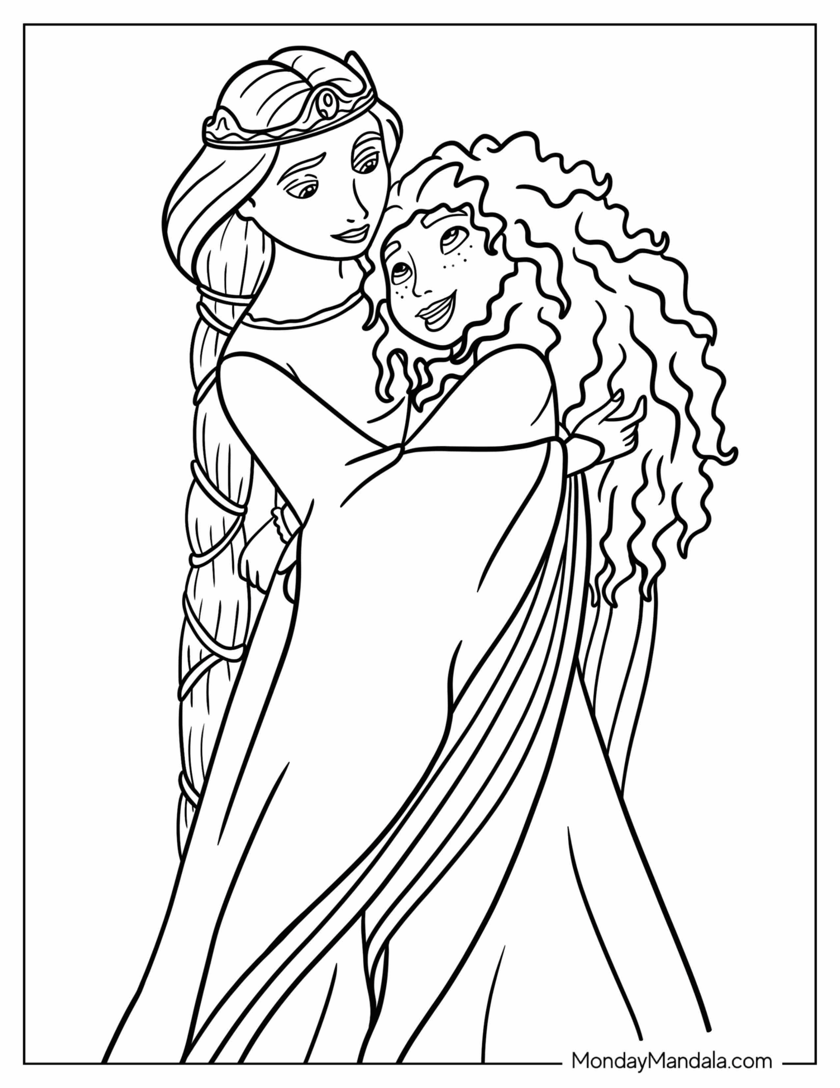 Queen Elinor Hugging Merida Coloring Page Brave 