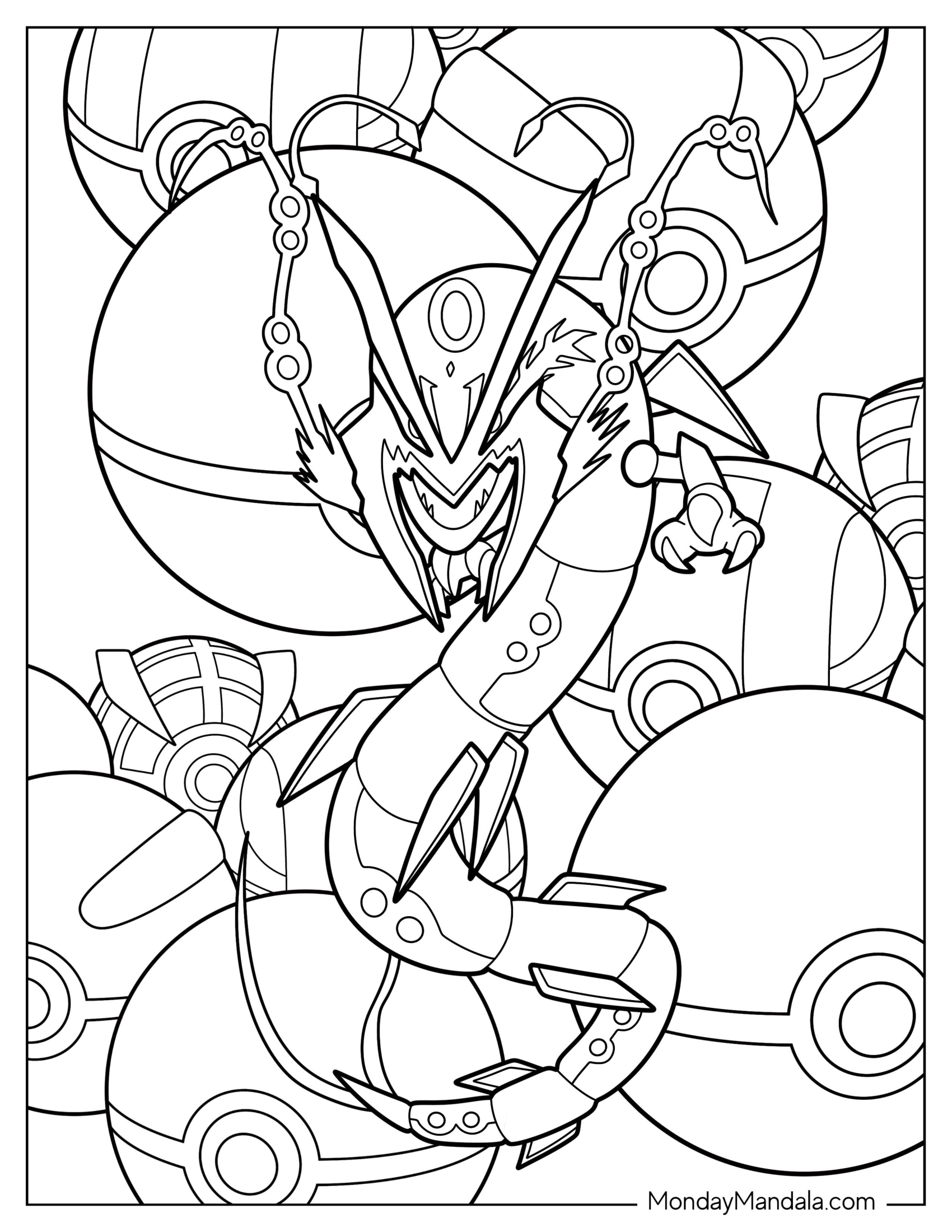 Rayquaza Coloring Page Surrounded By Pokeballs