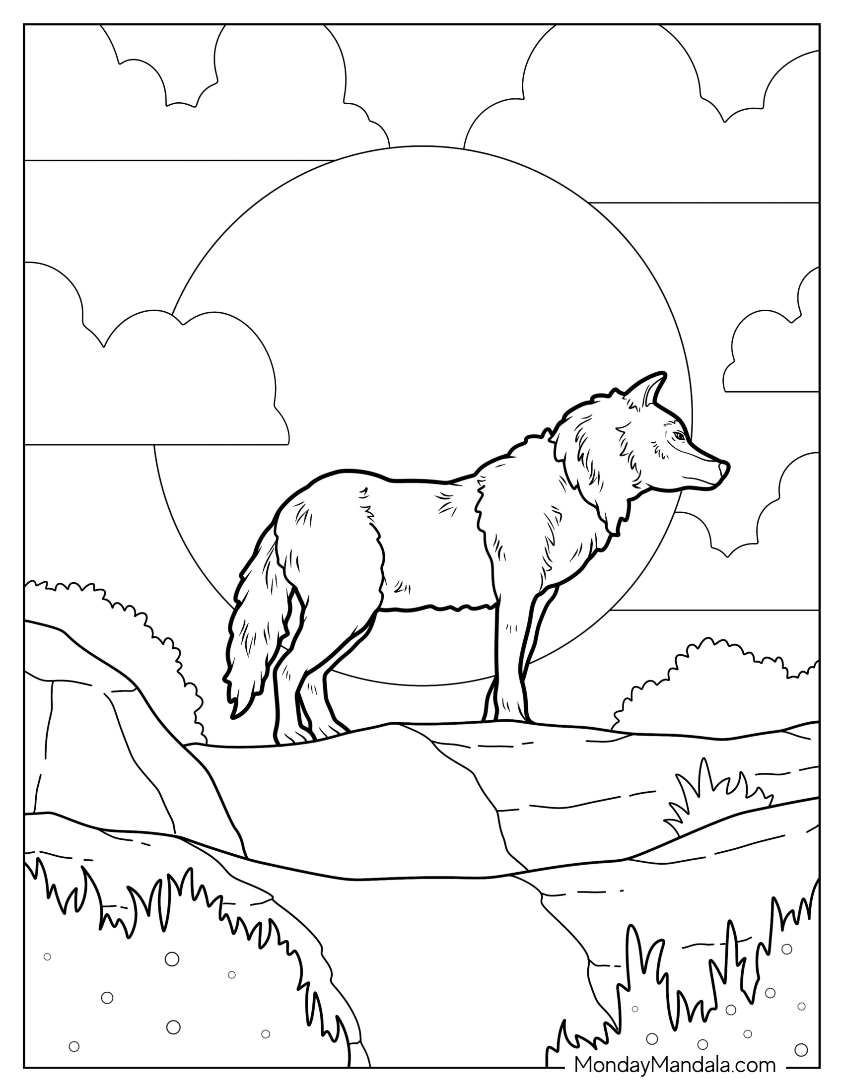 Realistic Big Wolf Coloring Page Standing In Front Of Full Moon