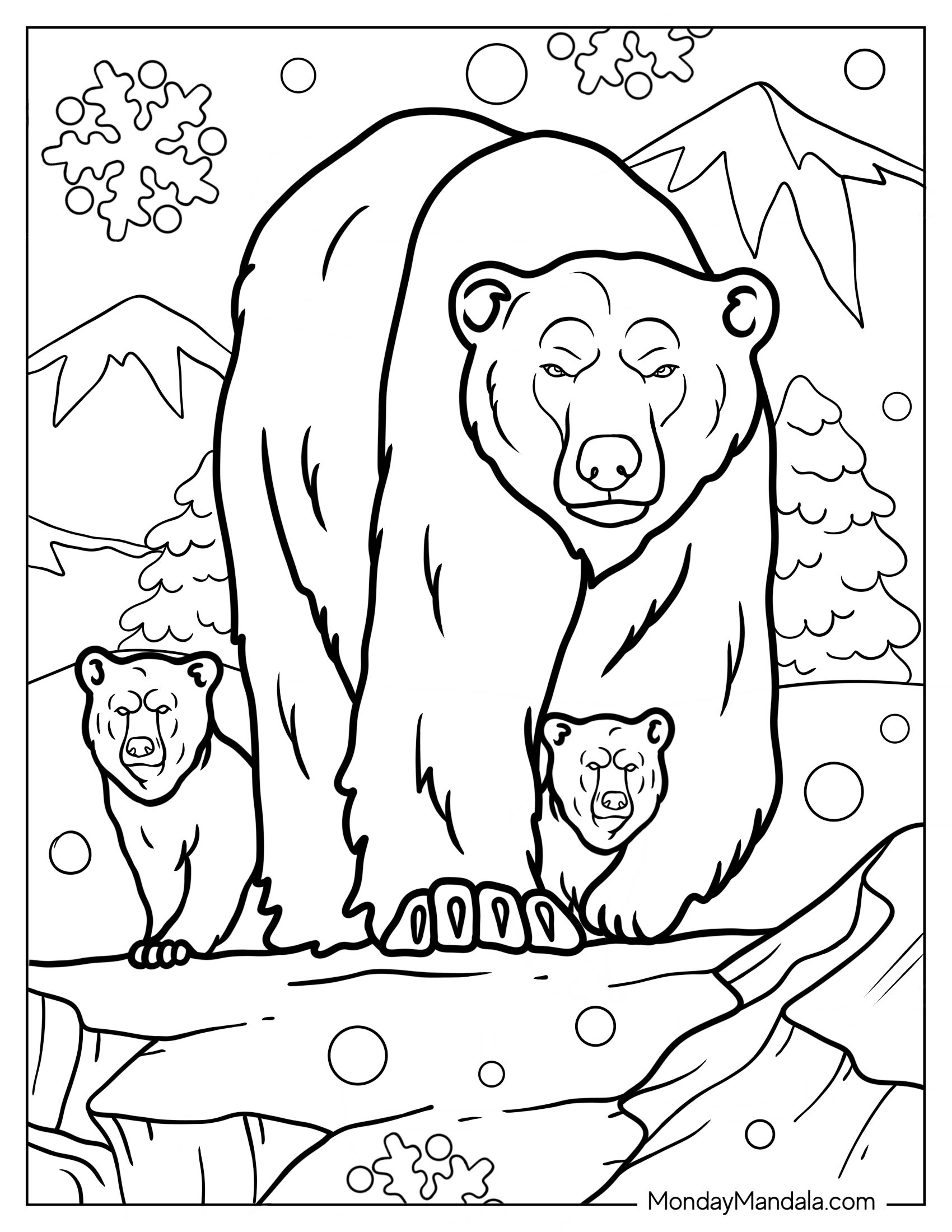 Realistic Coloring Page Of Polar Bear With Cubs