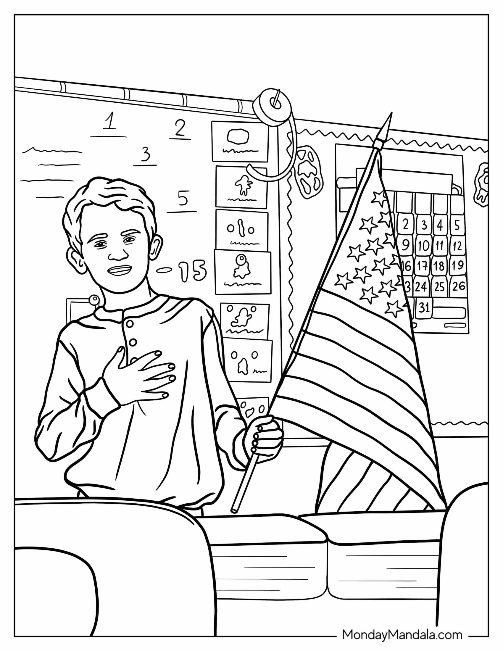 Realistic Coloring Page of Boy Holding American Flag