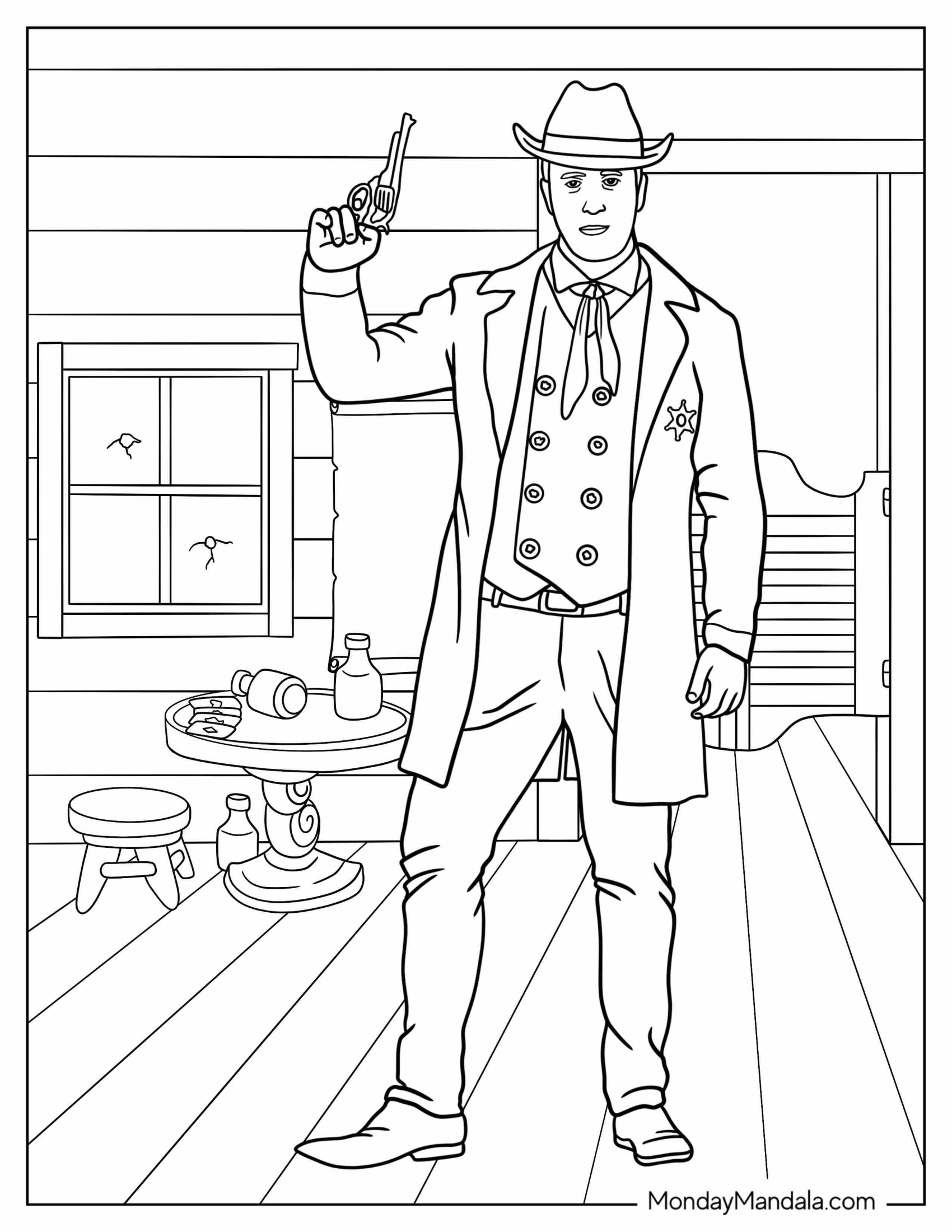 Realistic Cowboy With Gun In Saloon Coloring Page