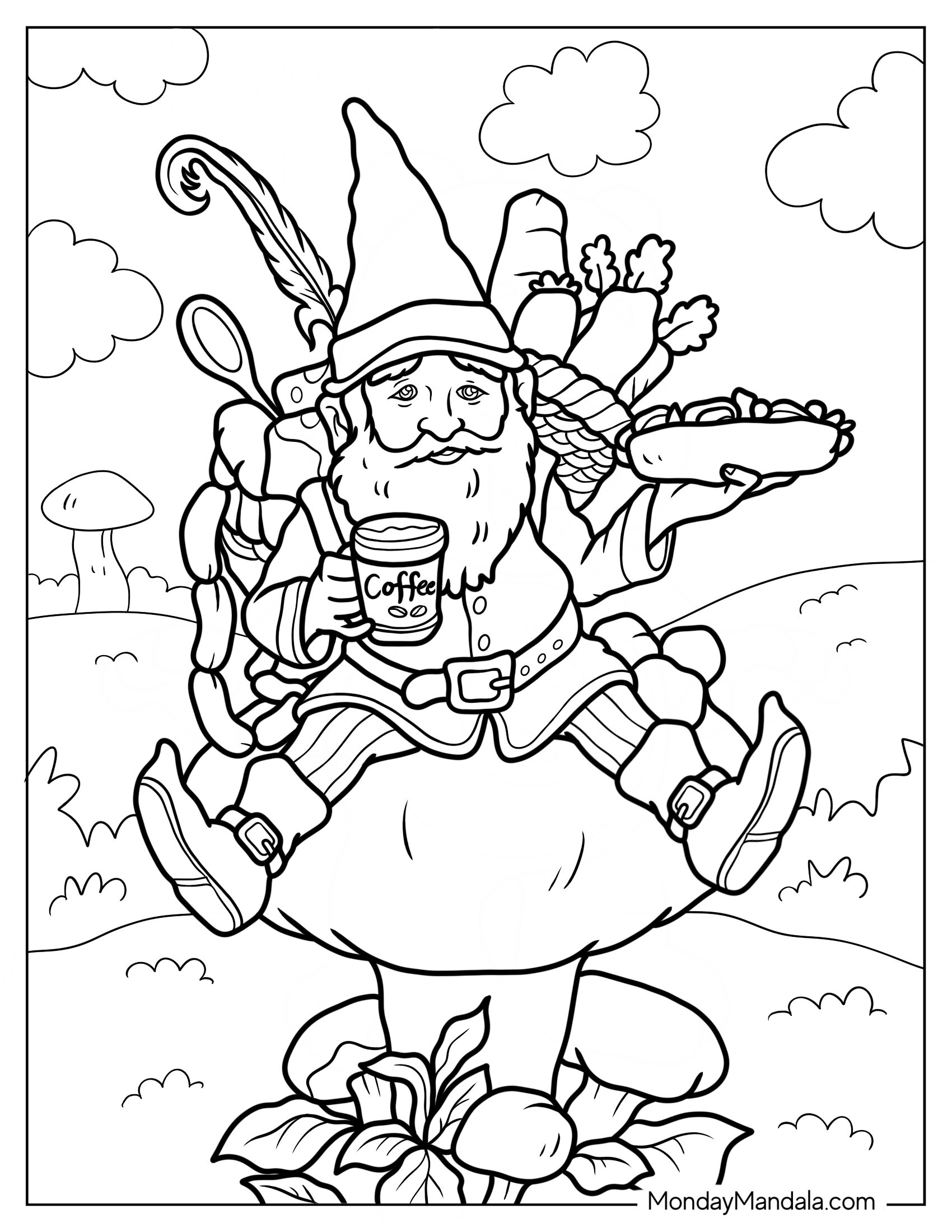 Realistic Gnome Coloring Page With Bags Of Sandwiches And Coffee