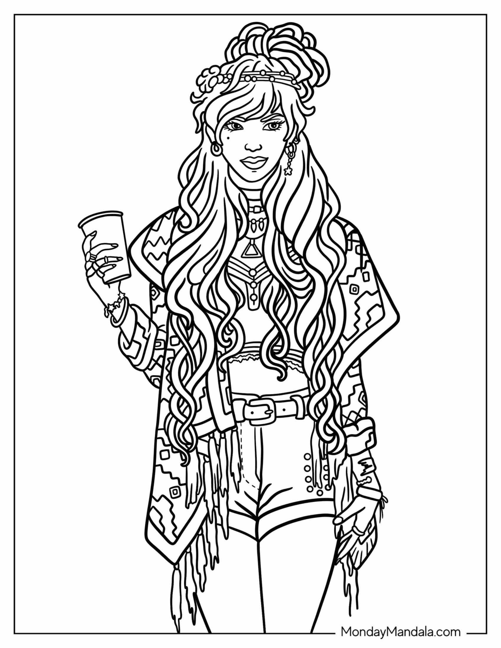 Realistic Hippie Coloring Page Of Woman Holding Cup