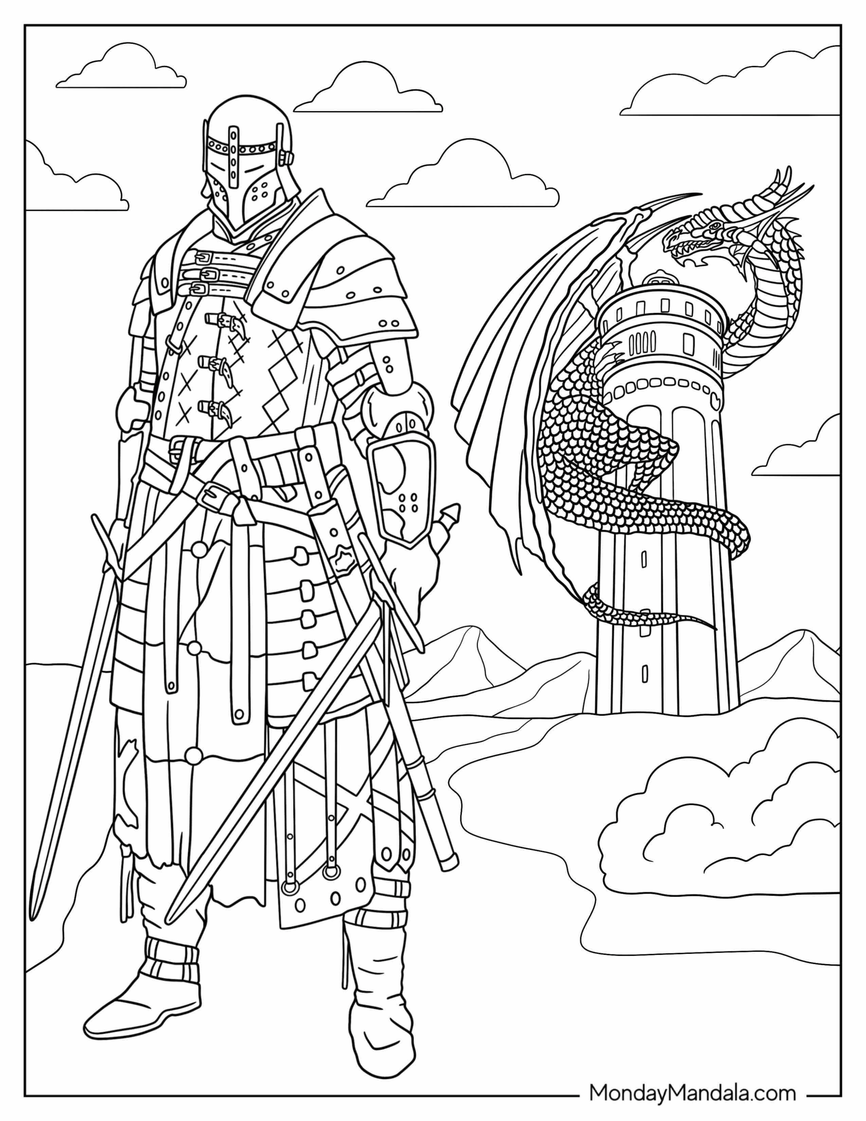 Realistic Knight In Front Of Castle Tower With Dragon