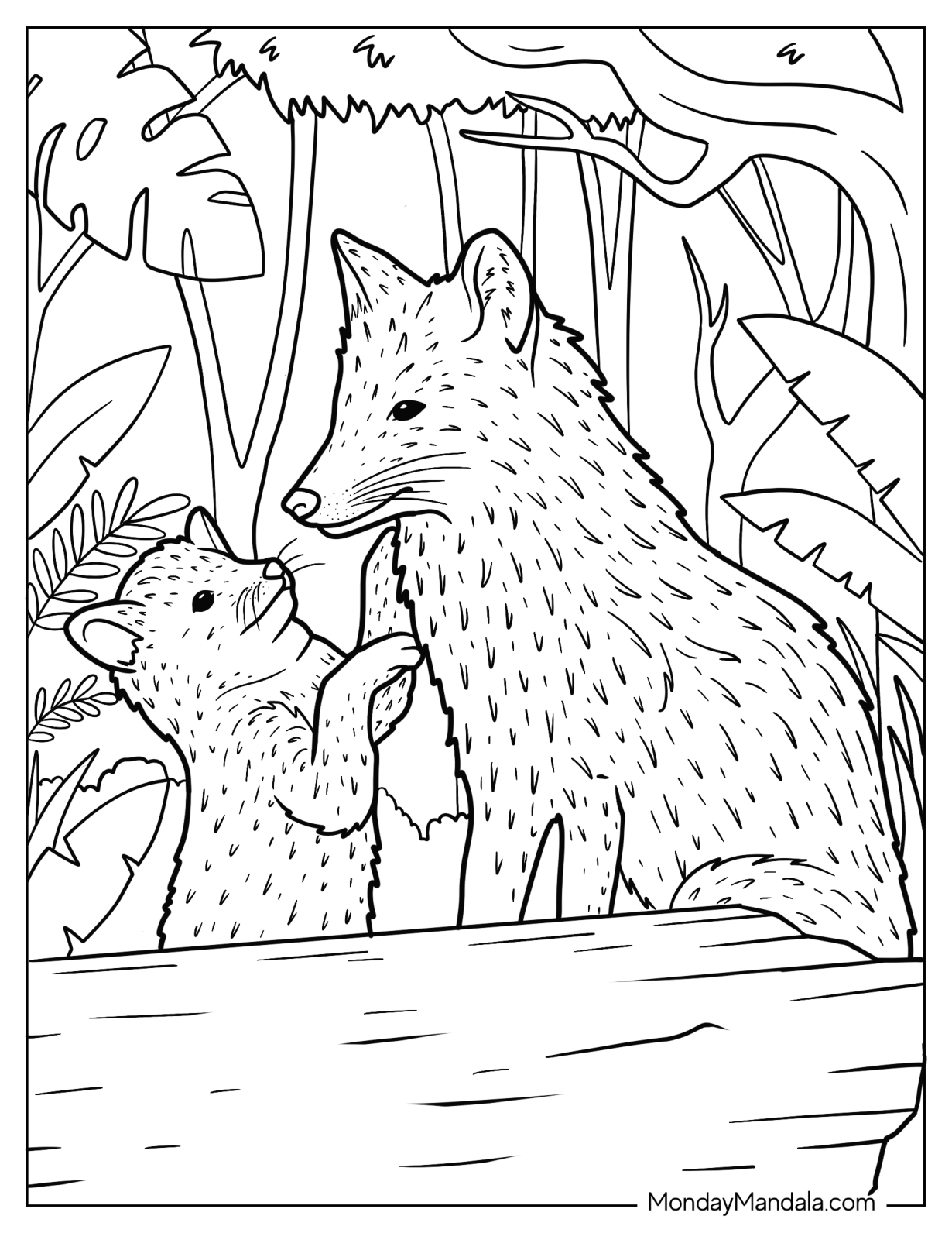 Realistic Mama Fox Coloring Page With Baby Fox In Forest