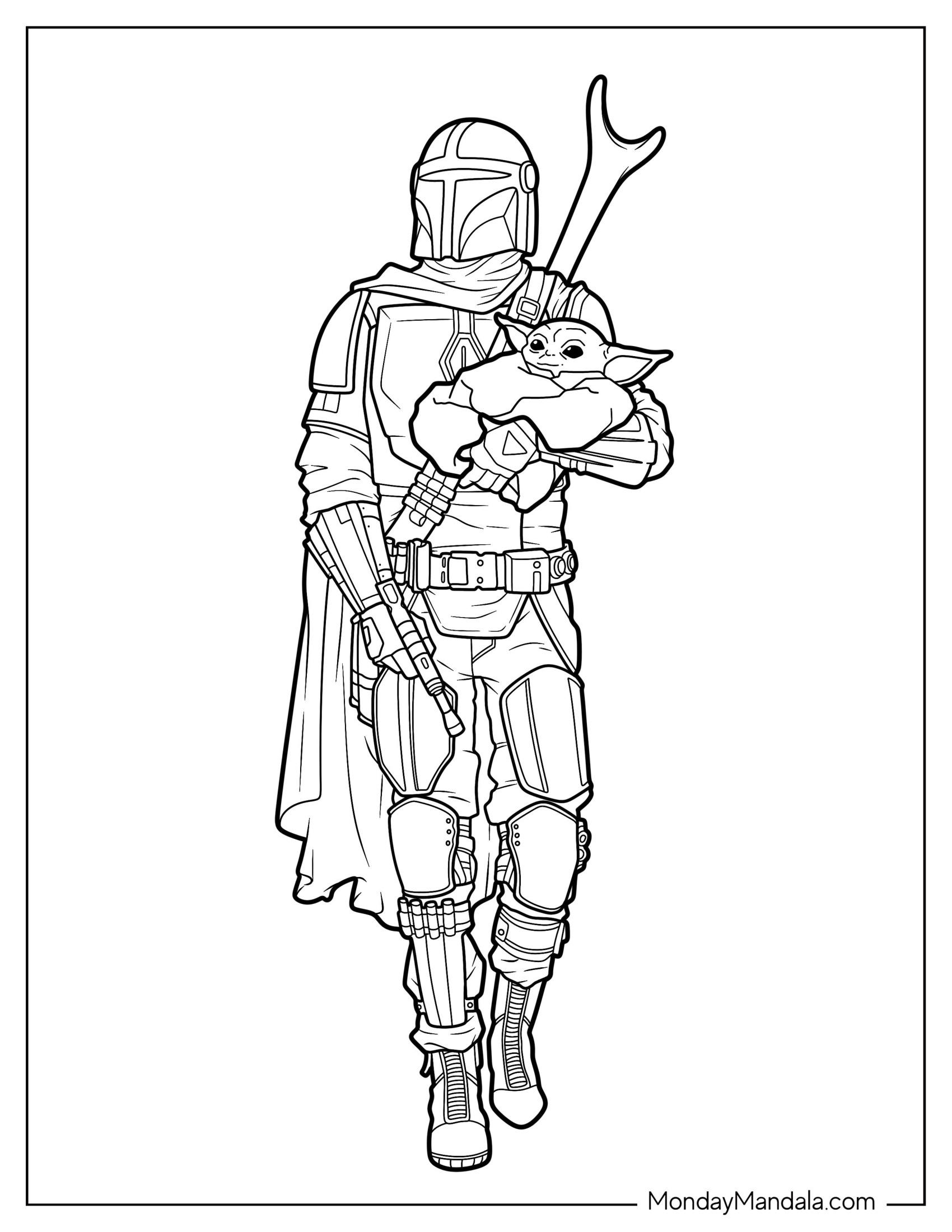 Realistic Mandalorian Coloring Page Holding Baby Yoda