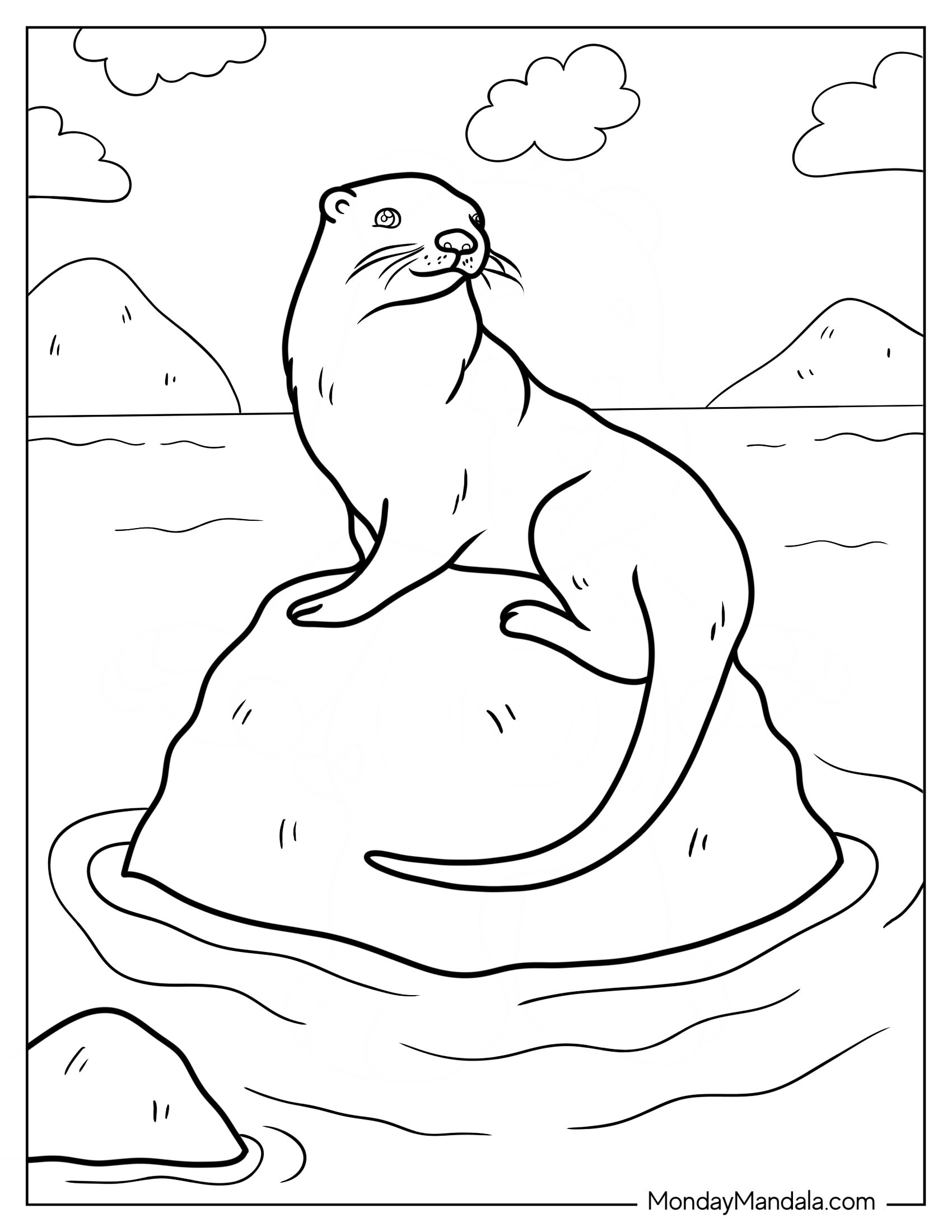 Realistic Otter Coloring Page Sitting On Rock