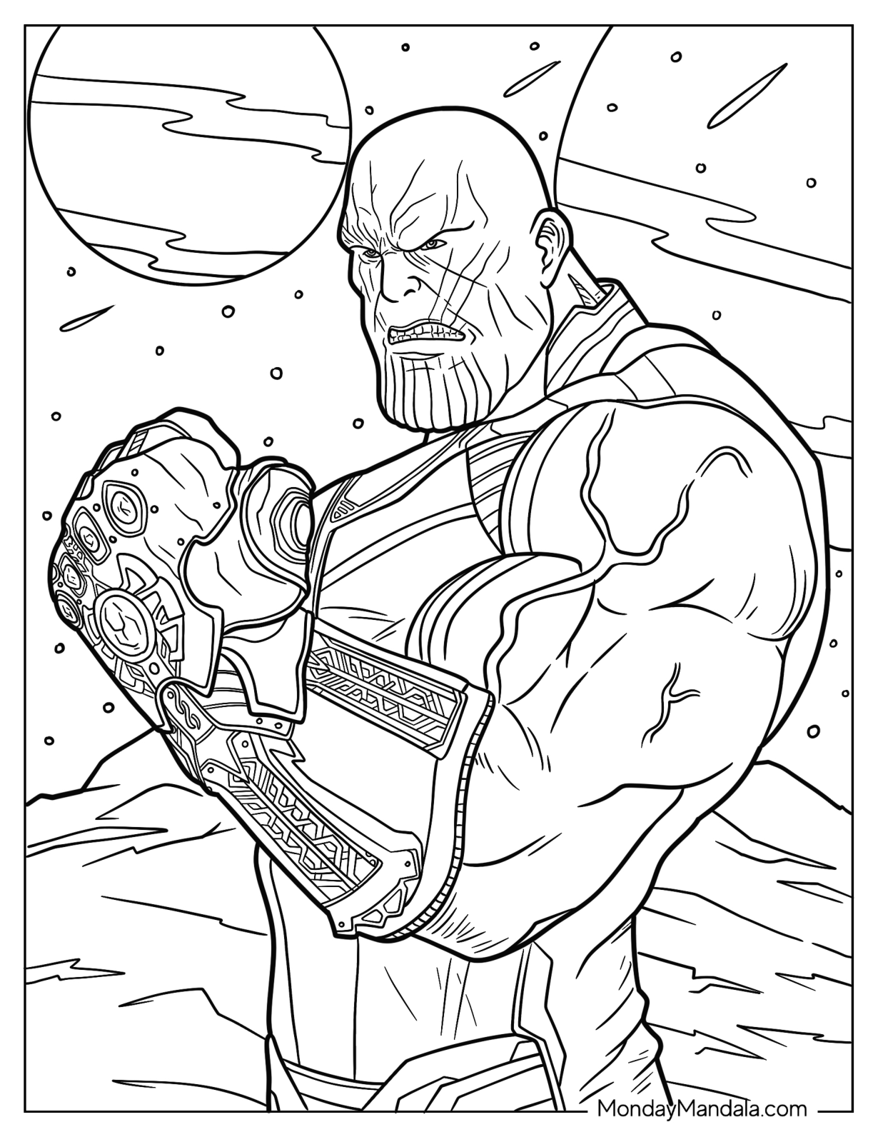 Realistic Thanos Coloring Page In Outer Space Wearing The Infinity Gauntlet