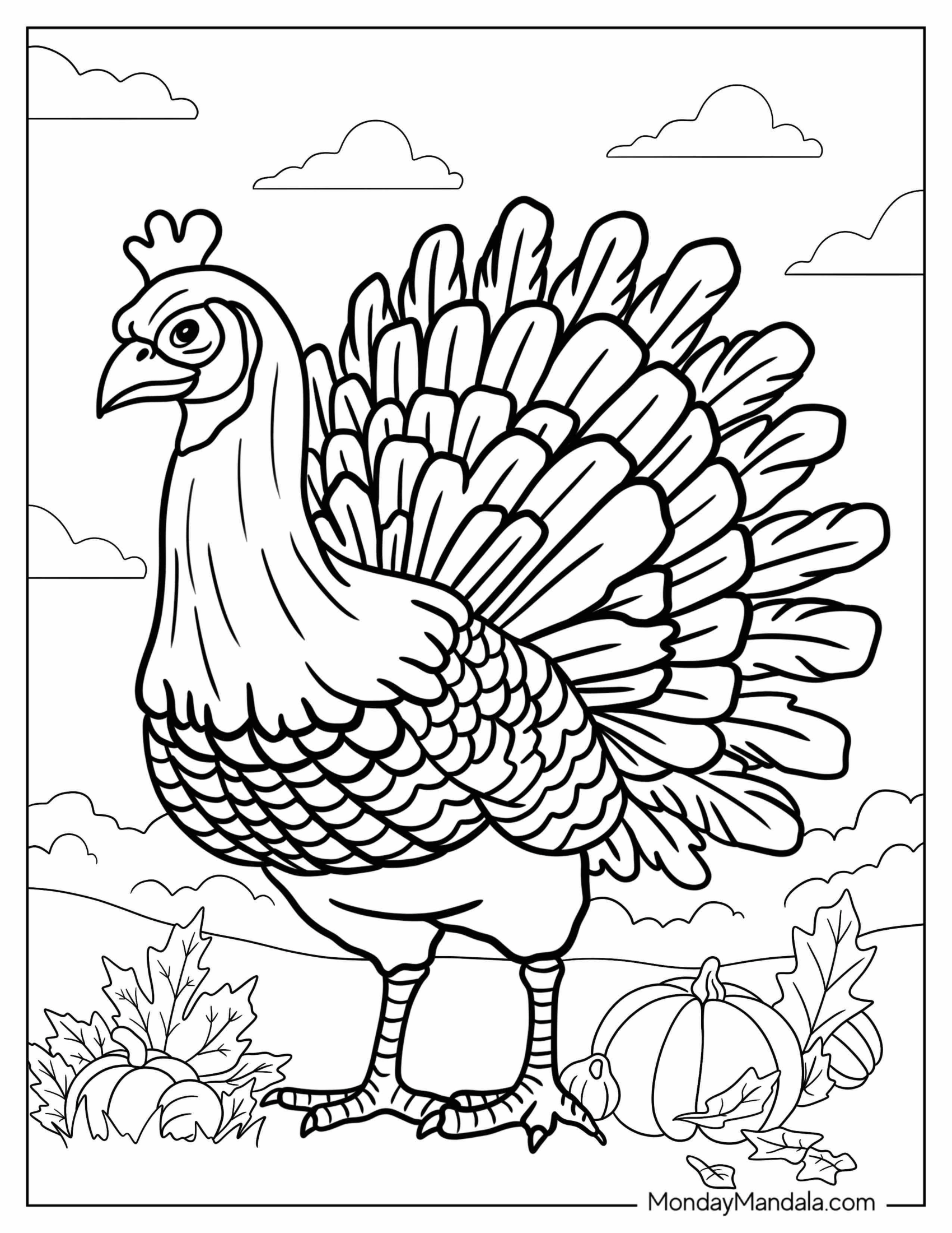 Realistic Turkey Beside Pumpkins Coloring Page