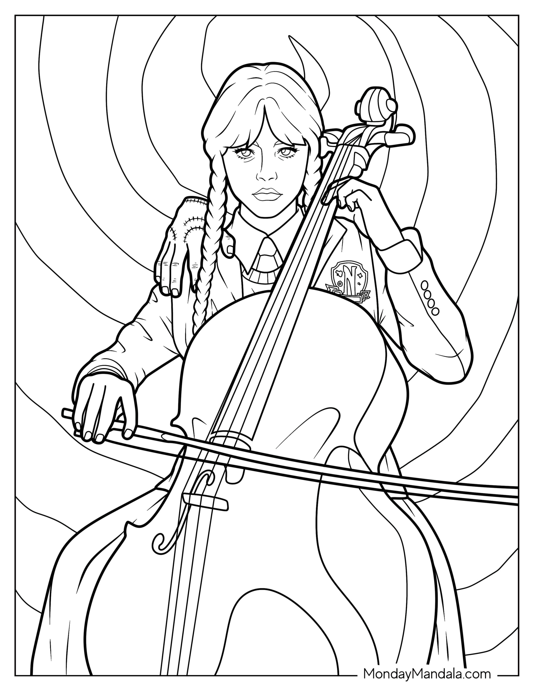 Realistic Wednesday Coloring Page Playing Cello With Thing On Her Shoulder