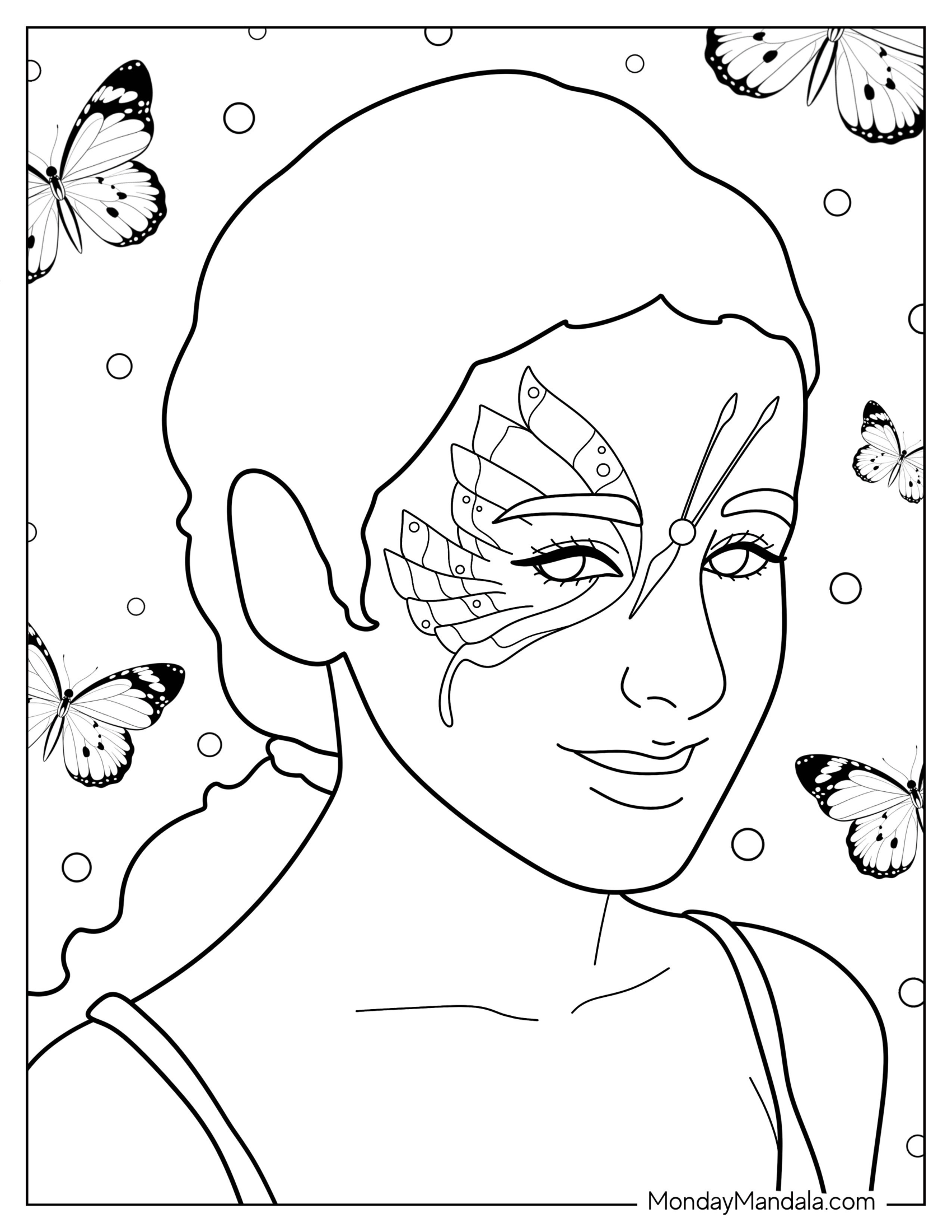 Realistic Woman With Butterfly Face Makeup Coloring Page