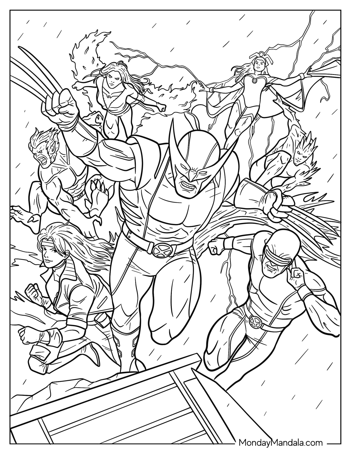 Realistic X-Men Coloring Page Of Wolverine, Beast, Rogue, Cyclops, Storm, Phoenix, And Silver Surfer