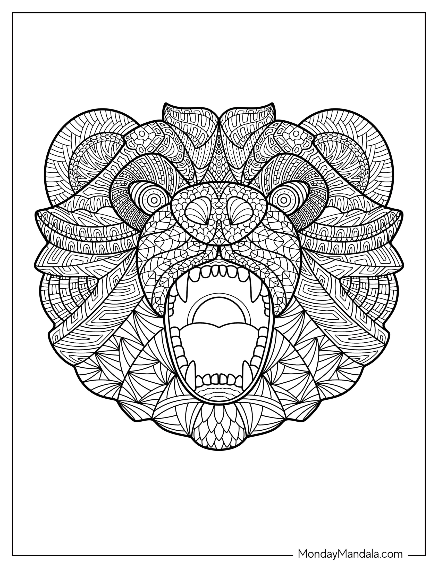 Roaring Bear Coloring Page With Sharp Teeth Mandala