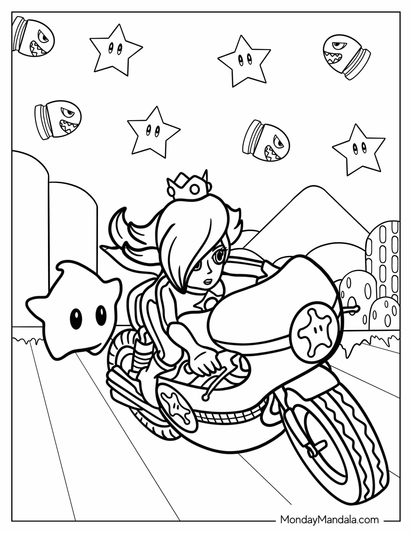 Rosalina Coloring Page Riding Bike With Luma In Mario Kart