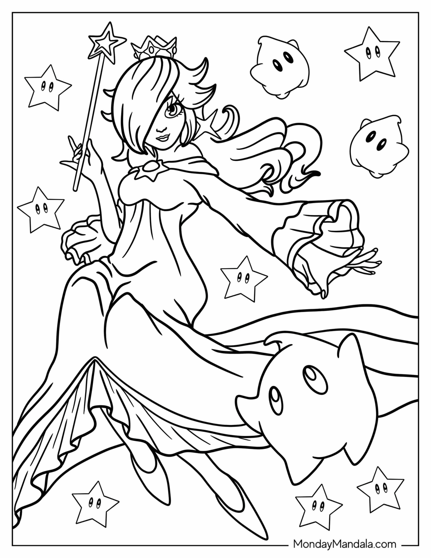 Rosalina Coloring Page Wearing Long Gown And Holding Wand With Luma