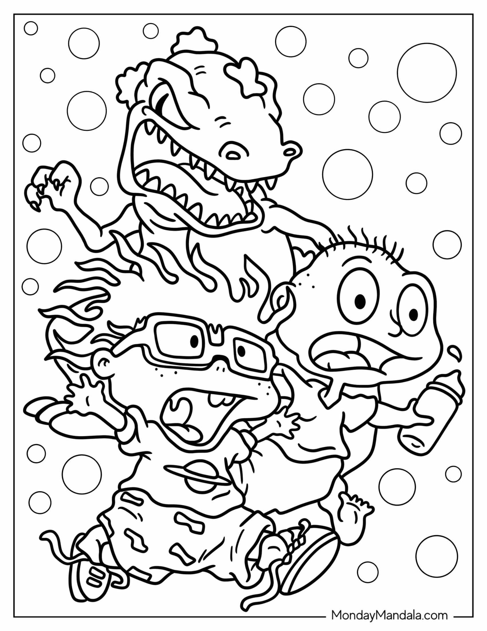 Rugrats Coloring Page Of Reptar Chasing Chuckie And Tommy Rugrats For Kids