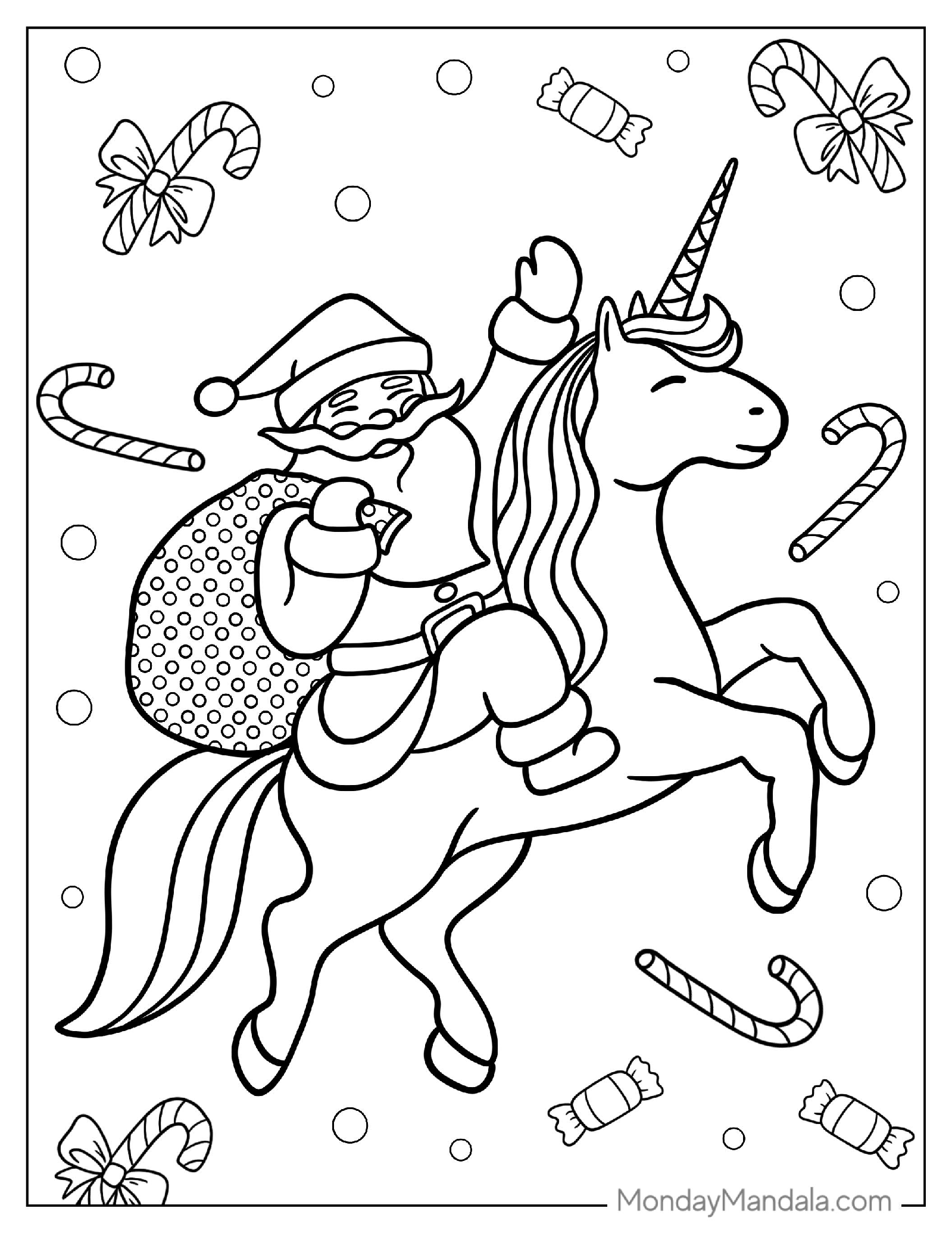 Santa Claus Riding a Unicorn Coloring Page