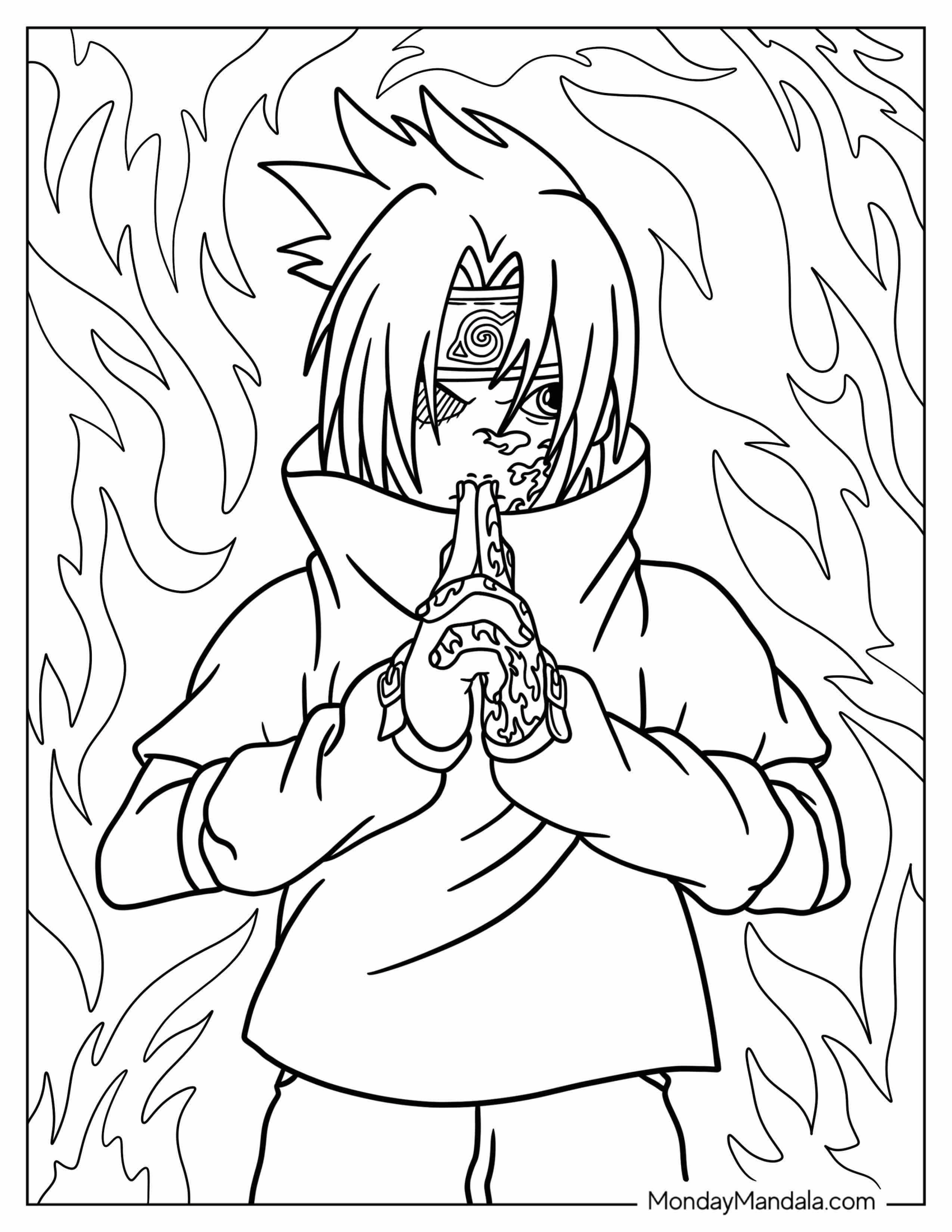 Sasuke Coloring Page Performing Ninjutsu With Curse Mark