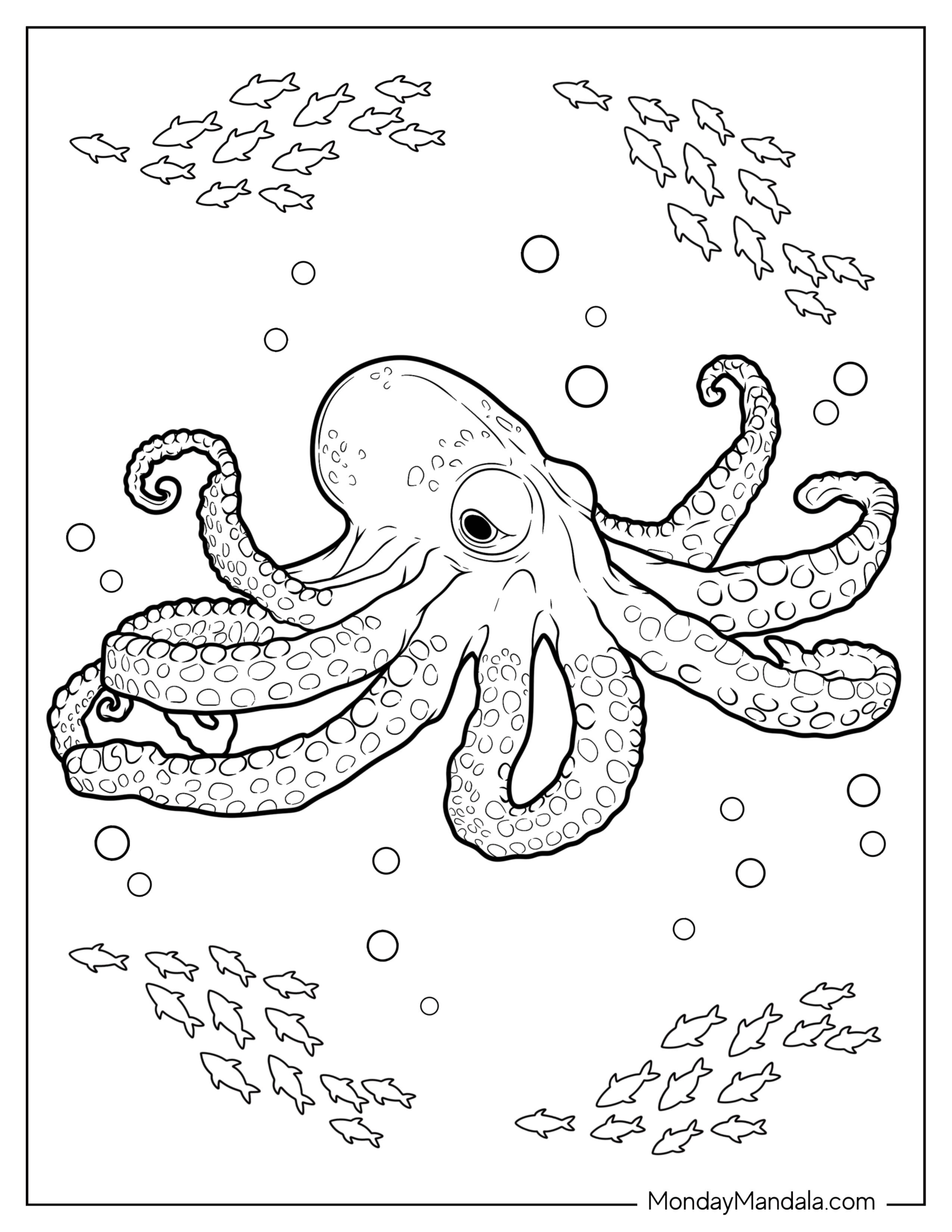 Scary Octopus Coloring Page Swimming In The Ocean