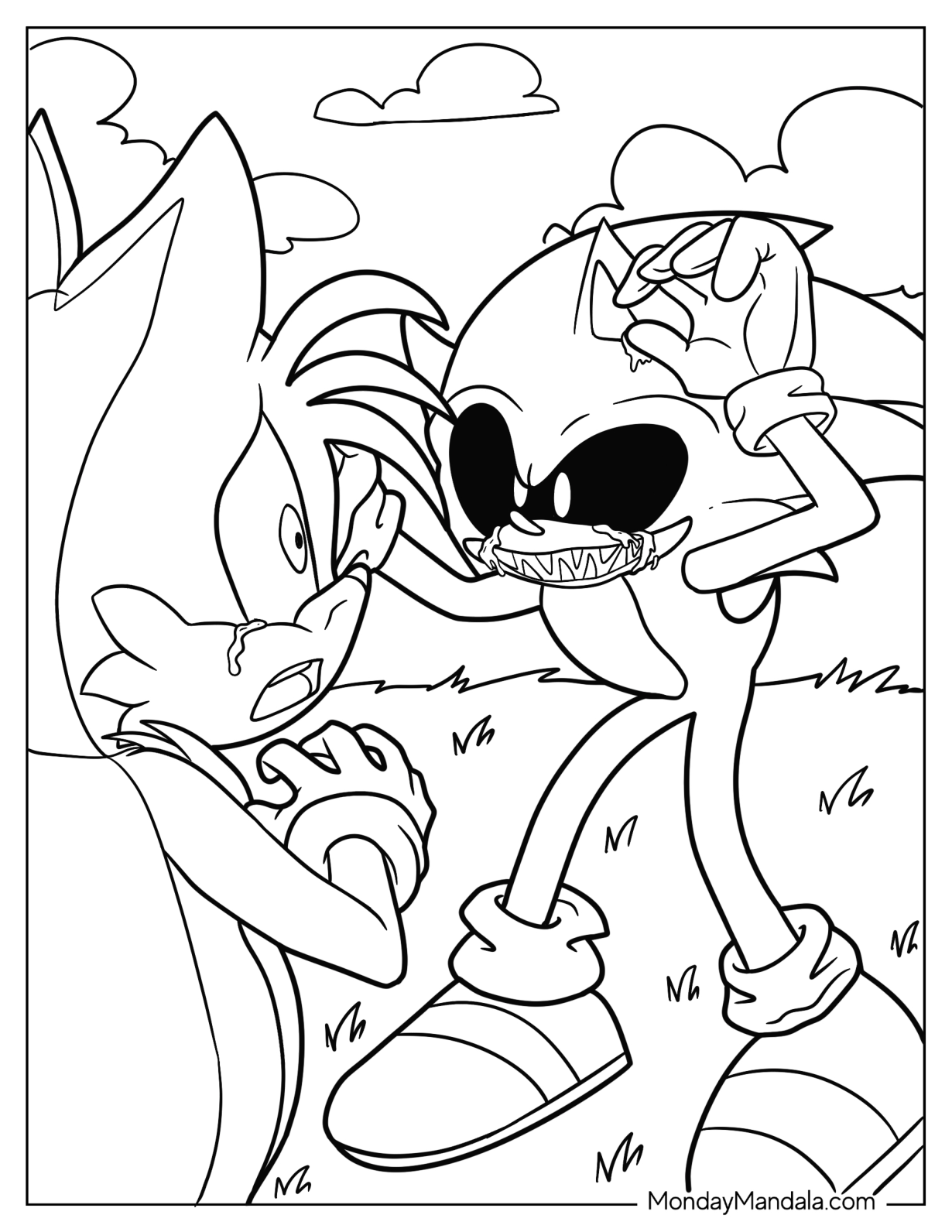 Scary Sonic Exe Coloring Page In Front Of Crying Tails