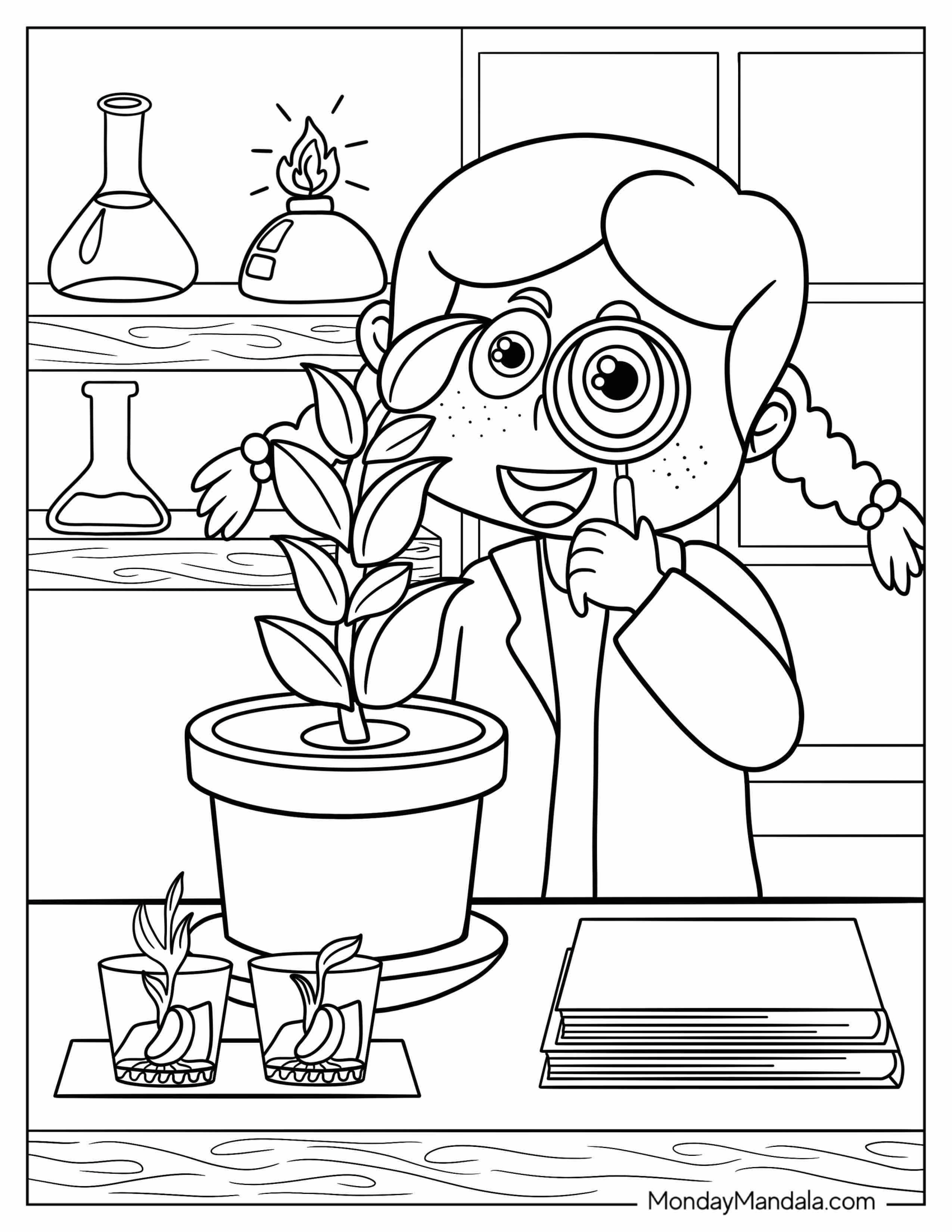 Science Coloring Page Of Cute Scientist Looking At Plant Through Magnifying Glass