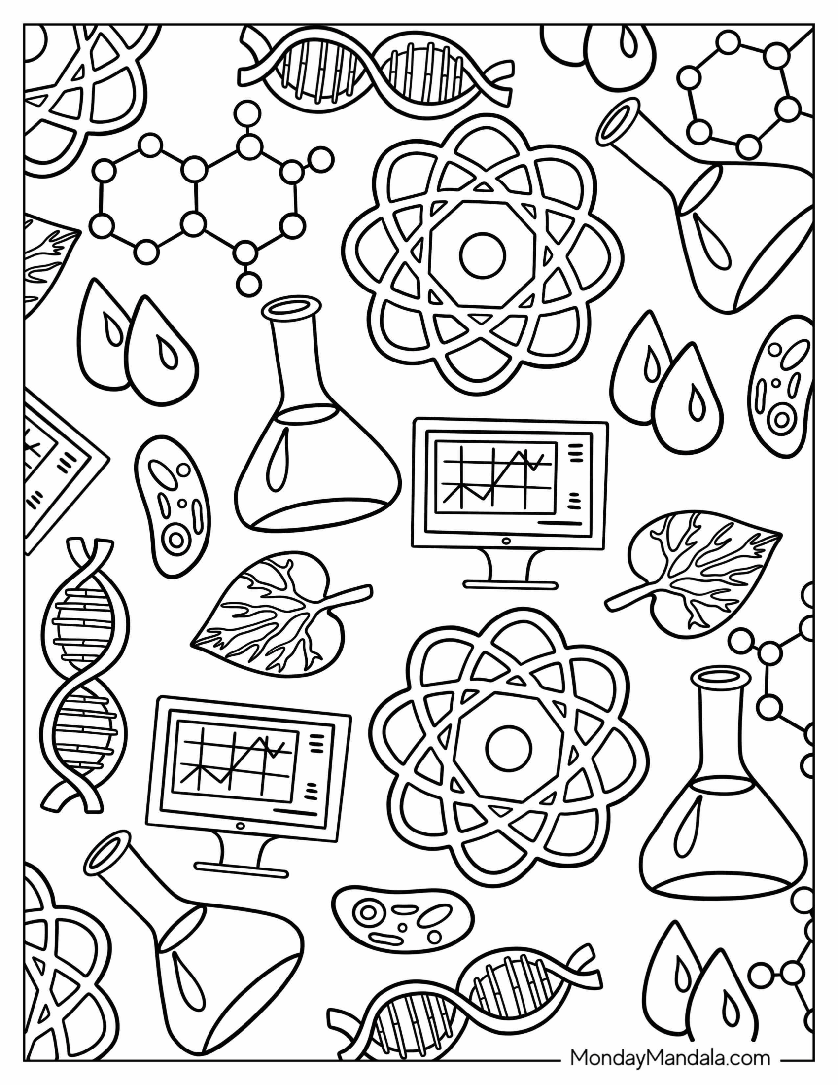 Science Coloring Page Of Flasks, DNA, Molecules, Computers, And Atomic Science Logos