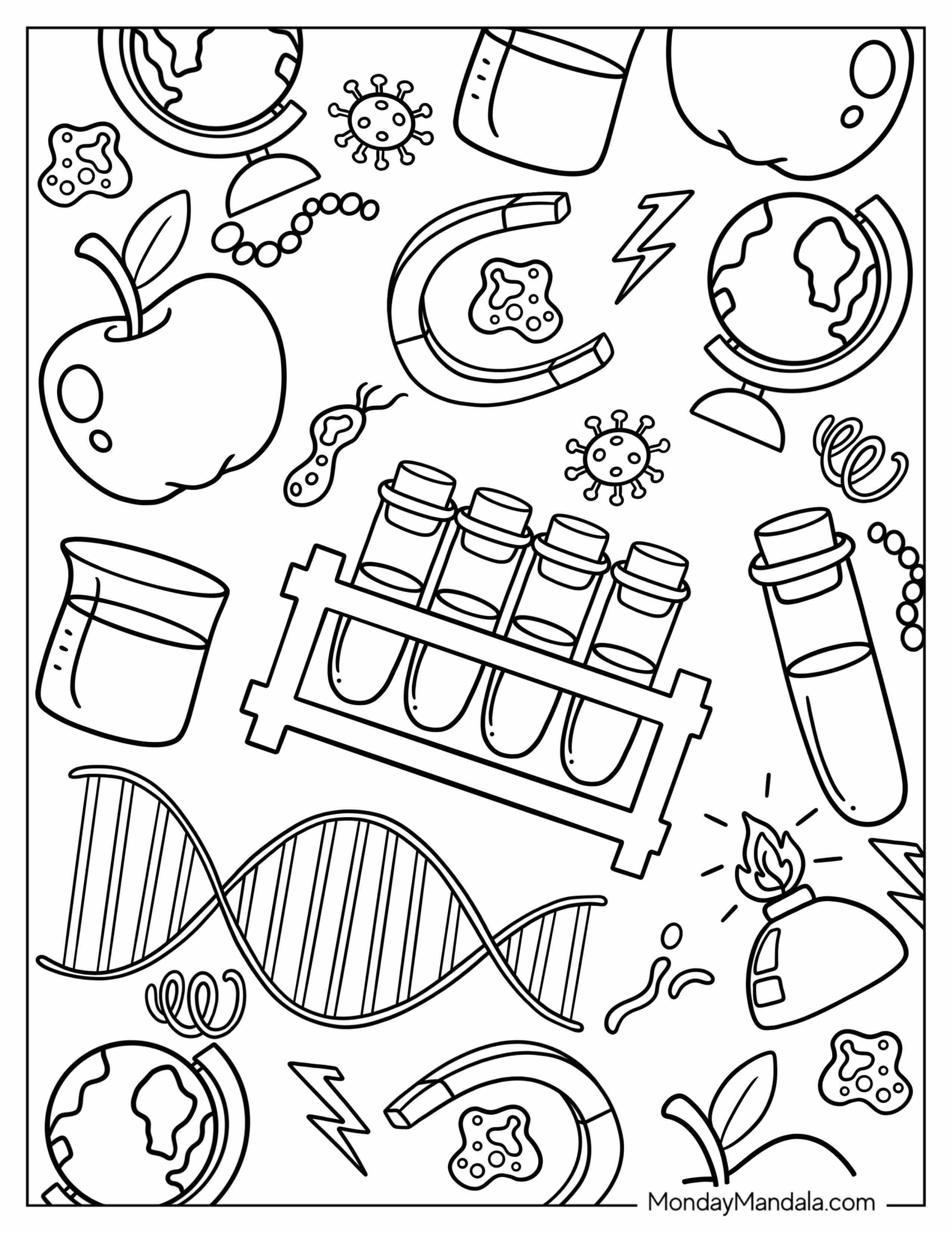 Science Coloring Page Of Lab Test Tubes, Flasks, Globe, Apple, Magnet, And Lamp