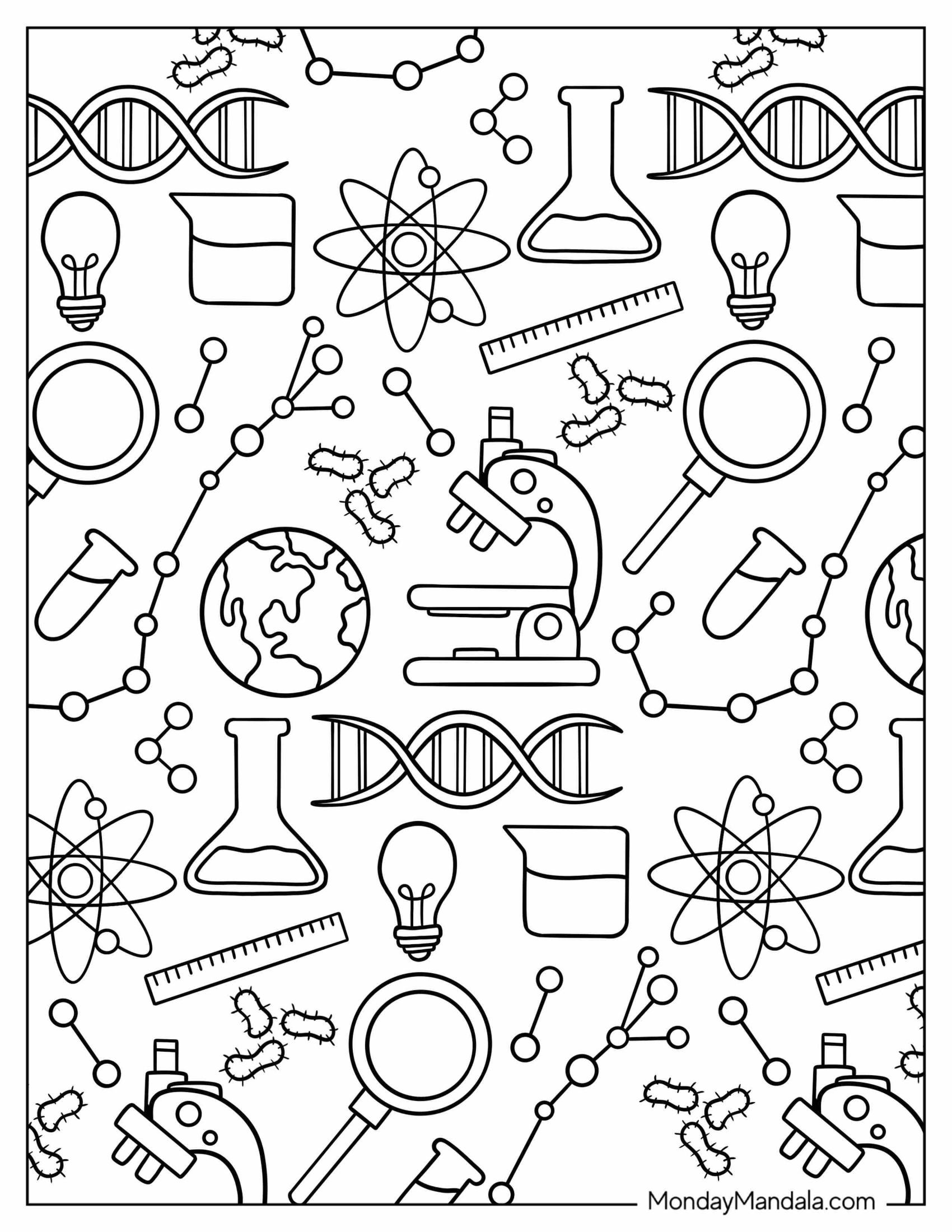 Science Coloring Page Of Light Bulb, Microscope, Test Tubes, Atoms, And Other Science Elements