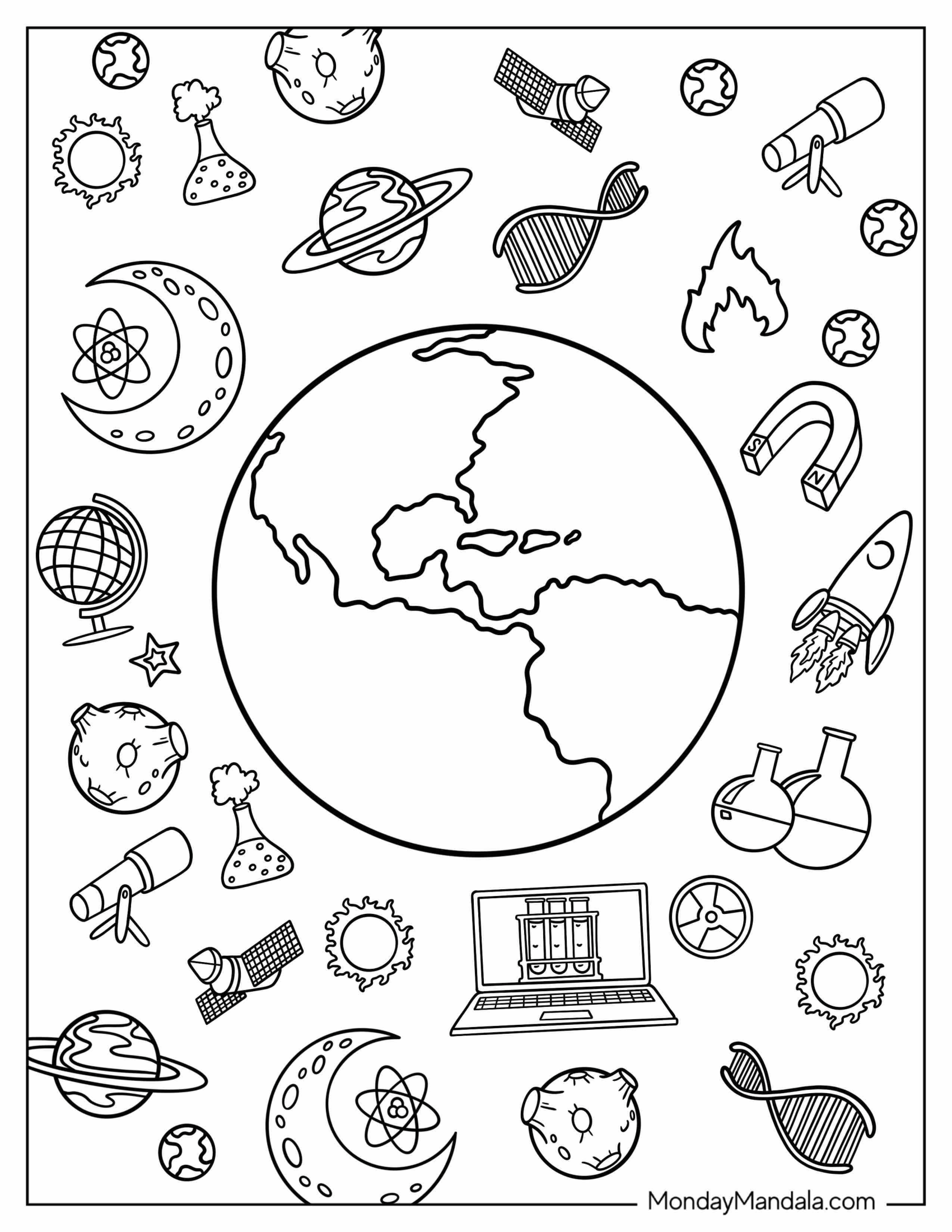 Science Coloring Page Of Simple Earth Surrounded By Rockets, Planets, Flasks, And Magnets Science