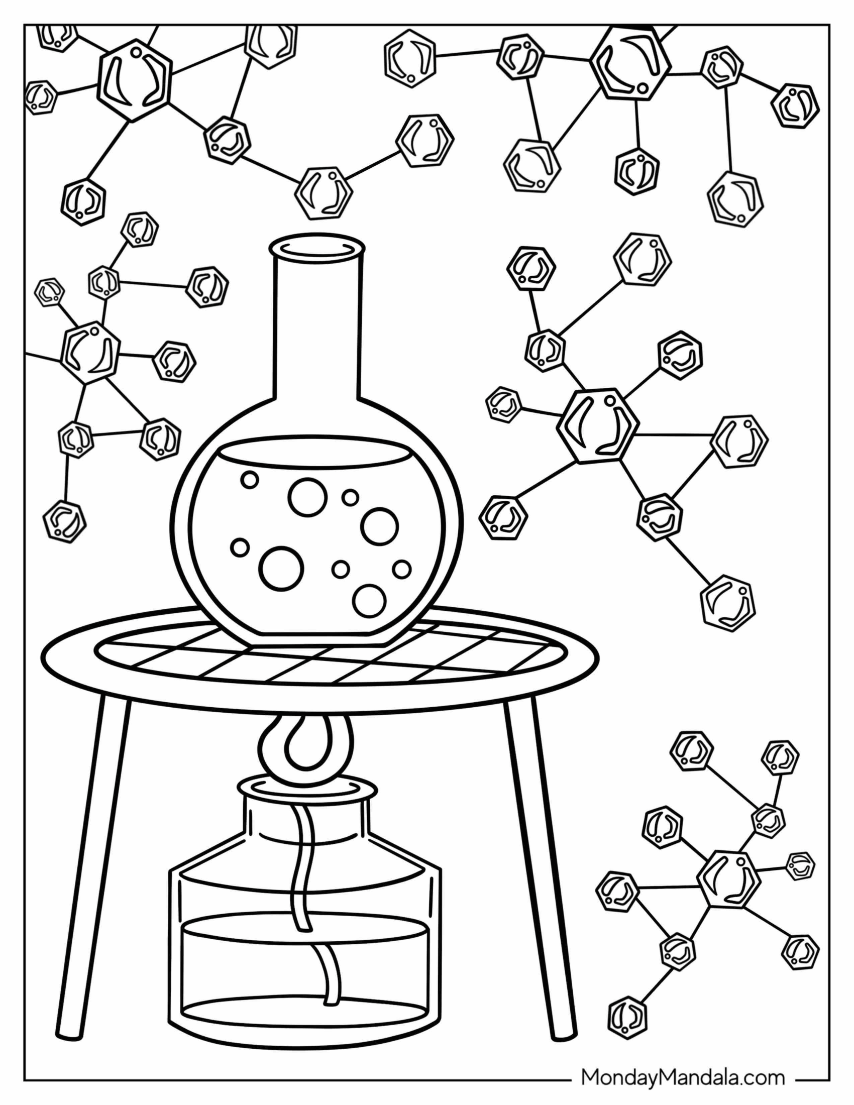 Science Coloring Page Of Volumetric Flask Being Heated On Stand Above Alcohol Lamp