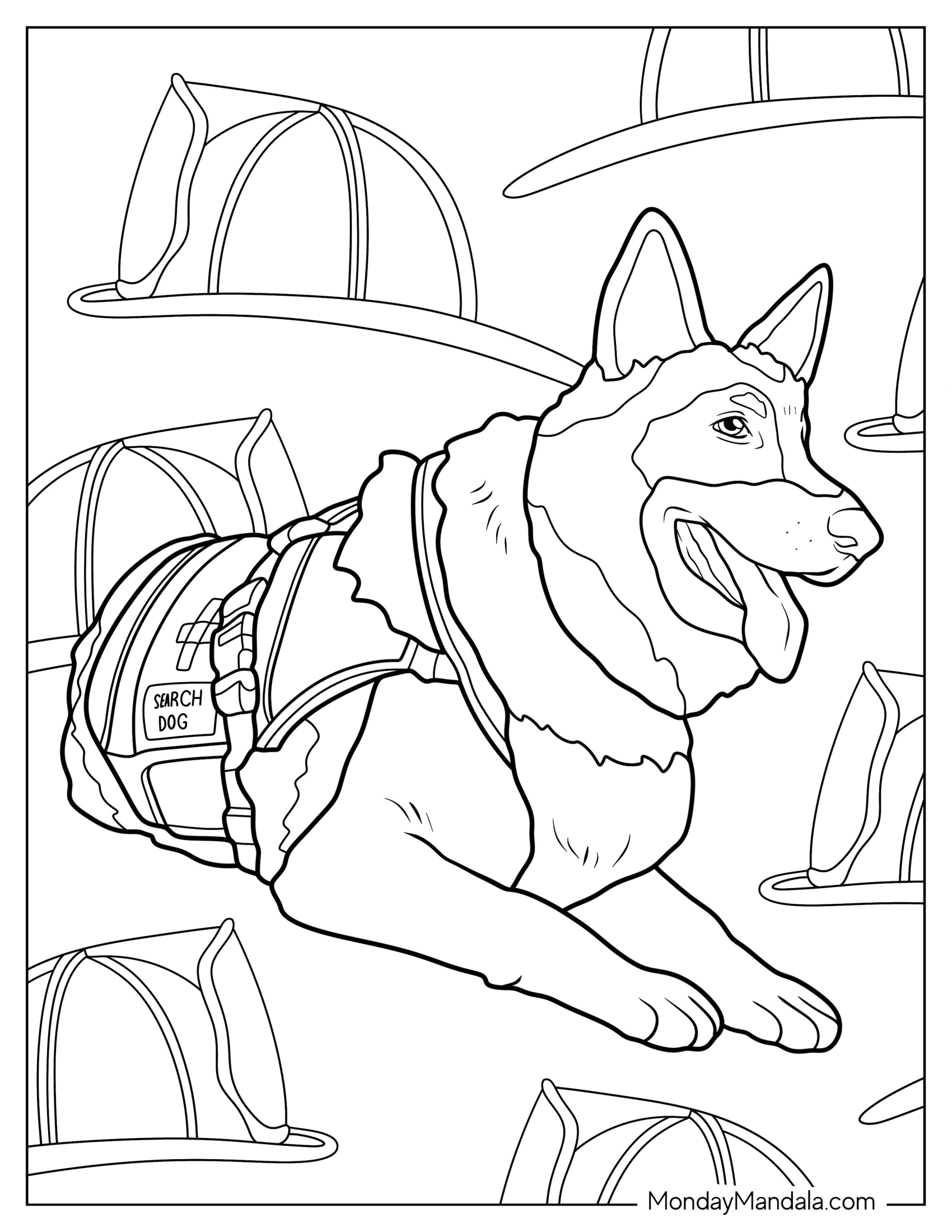 Search Dog German Shepherd Coloring Page Wearing Vest