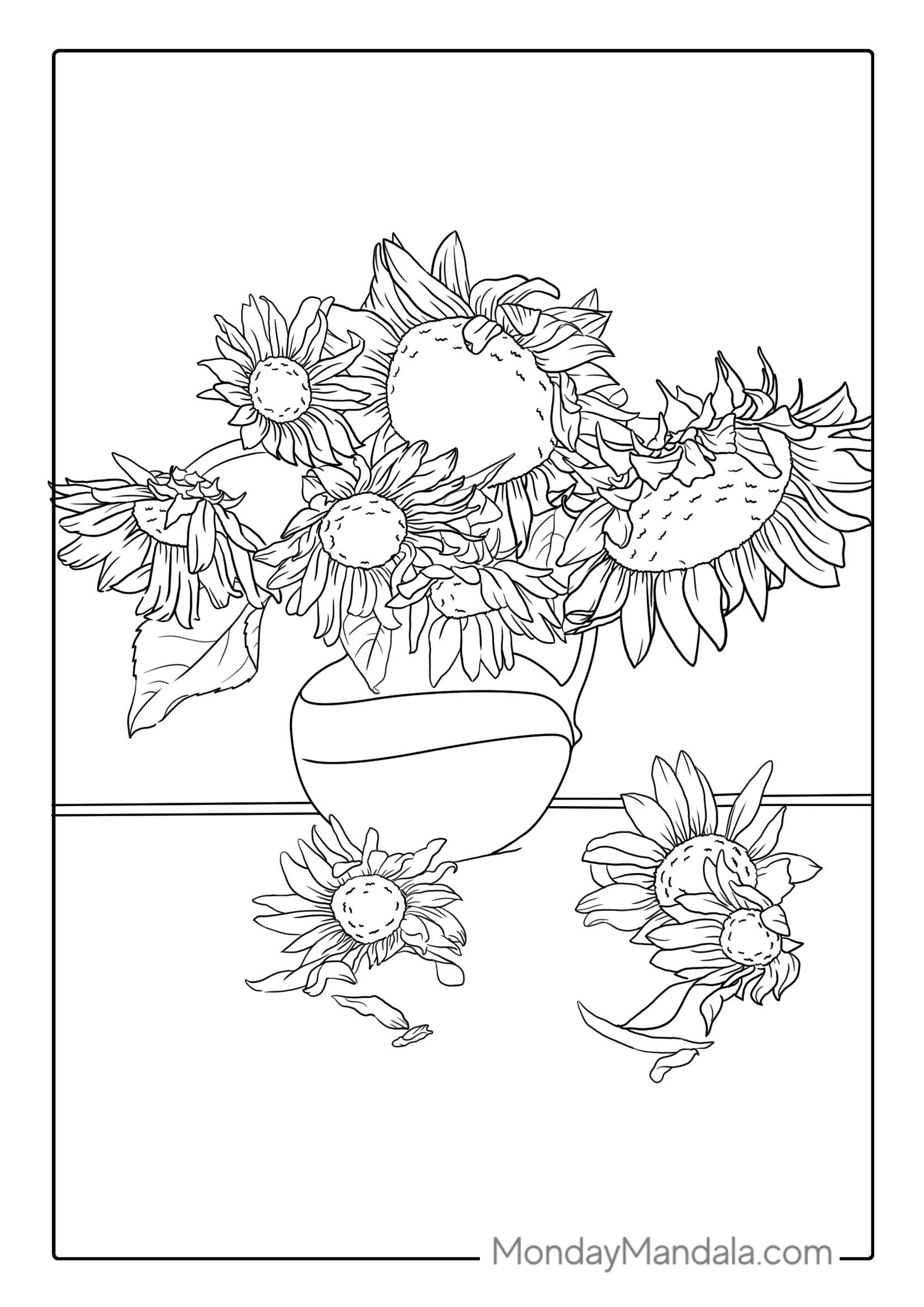 Several Sunflowers In Vase Coloring Sheet