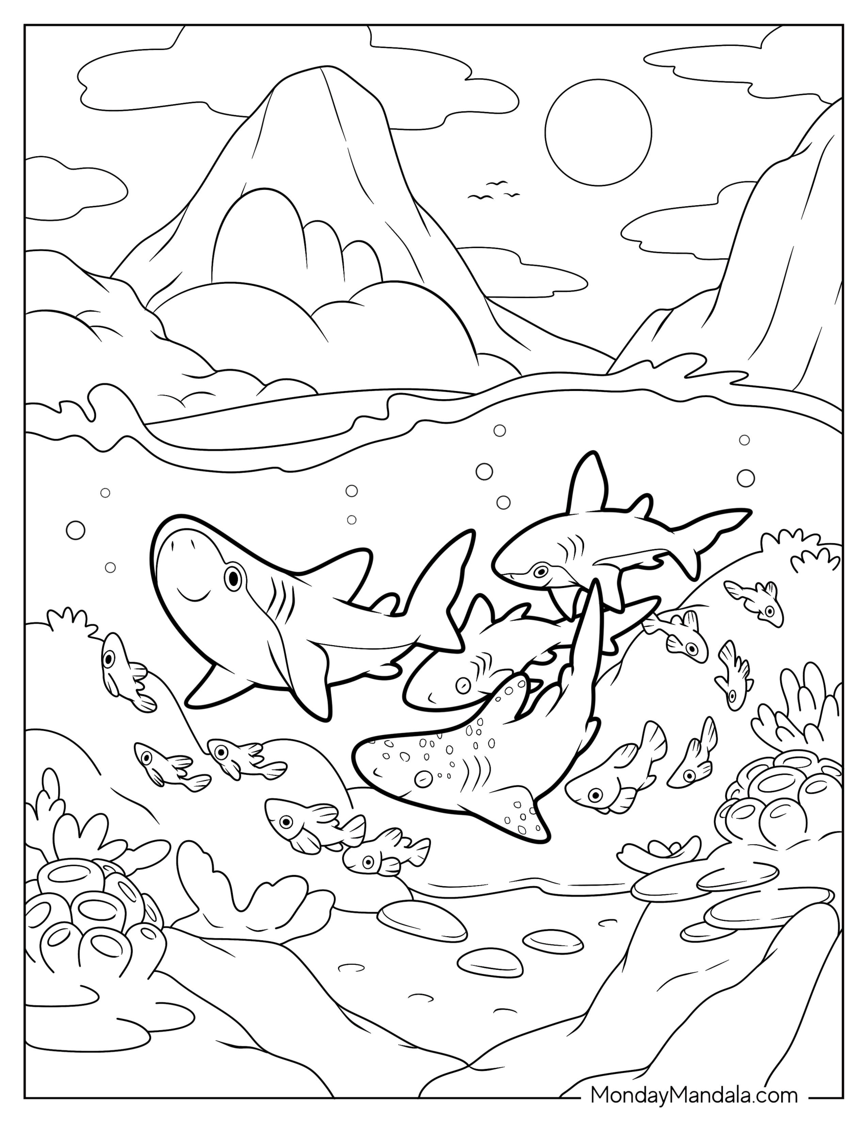 Sharks Coloring Page And Fish Beneath The Water Surface