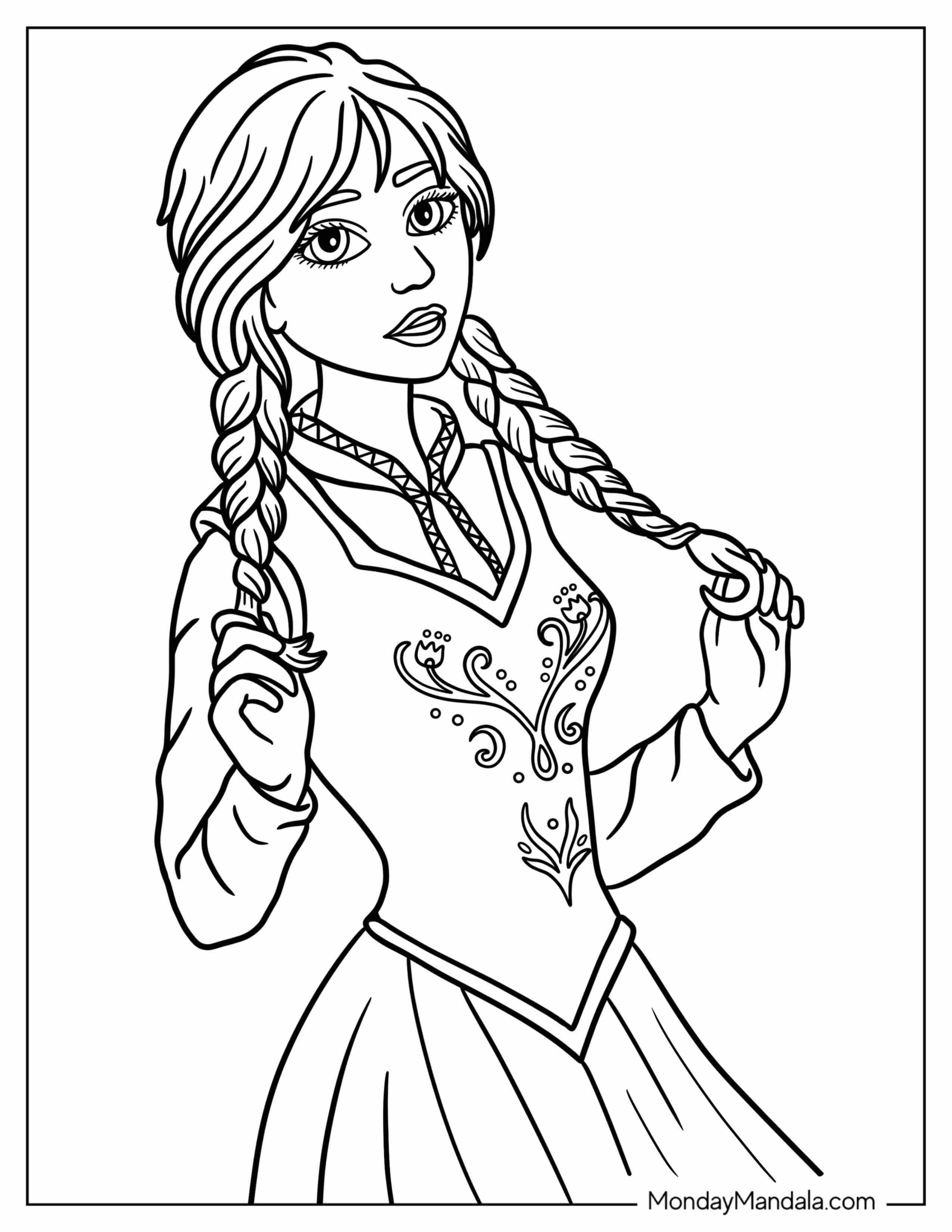 Simple Anna Holding Braids Coloring Sheet