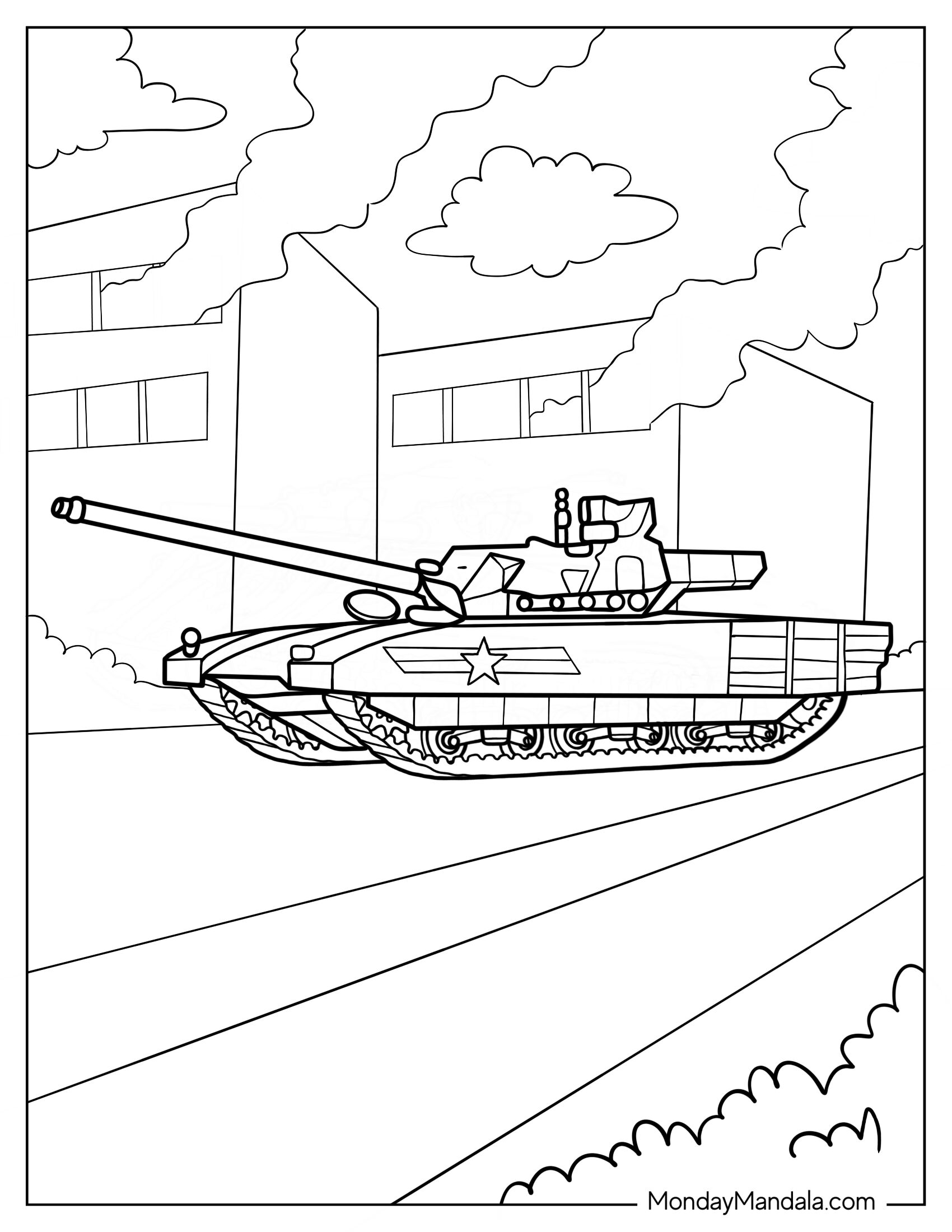 Simple Armata Russian Tank With Smoking Building in Background