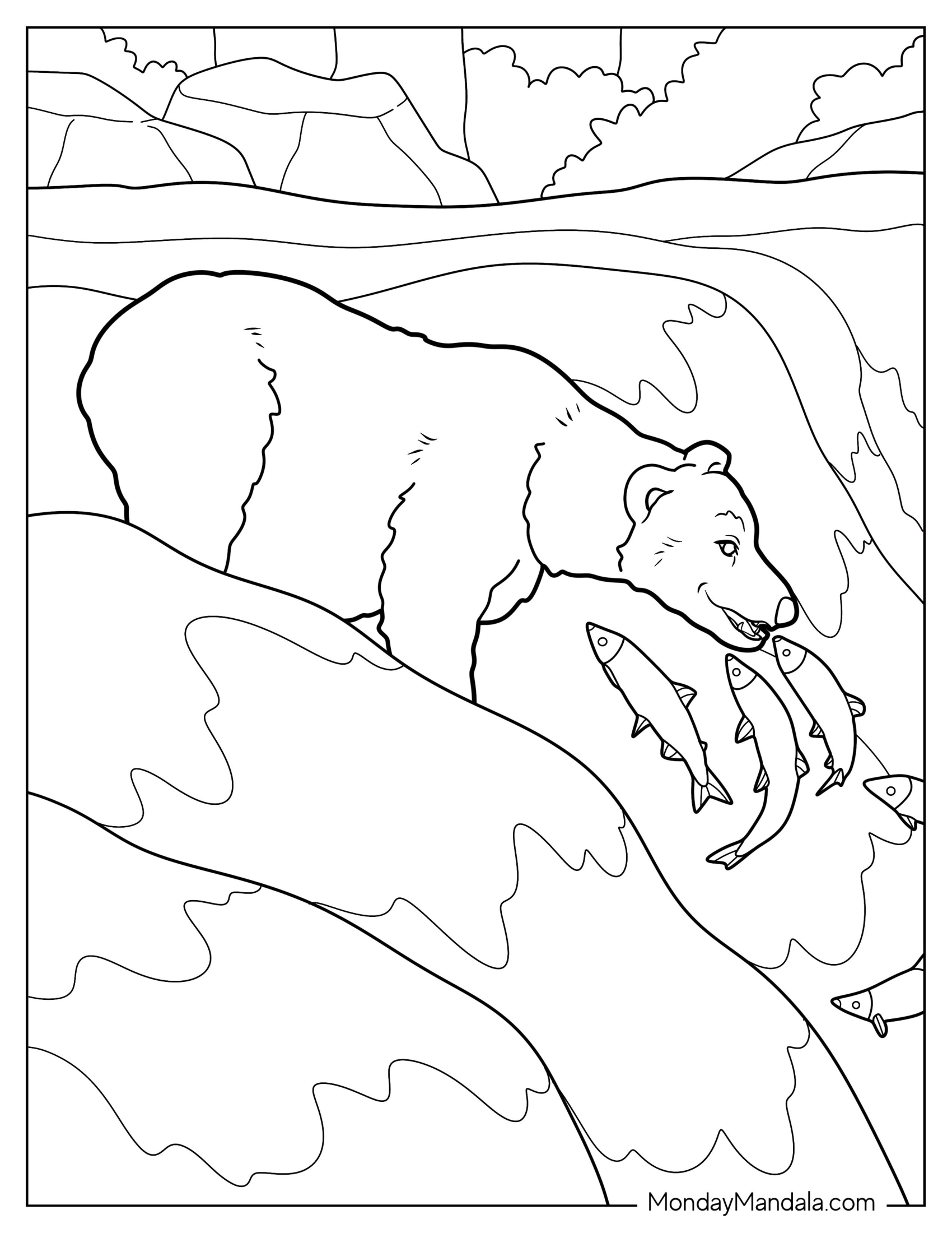 Simple Bear Coloring Page Catching Fish In Waterfalls