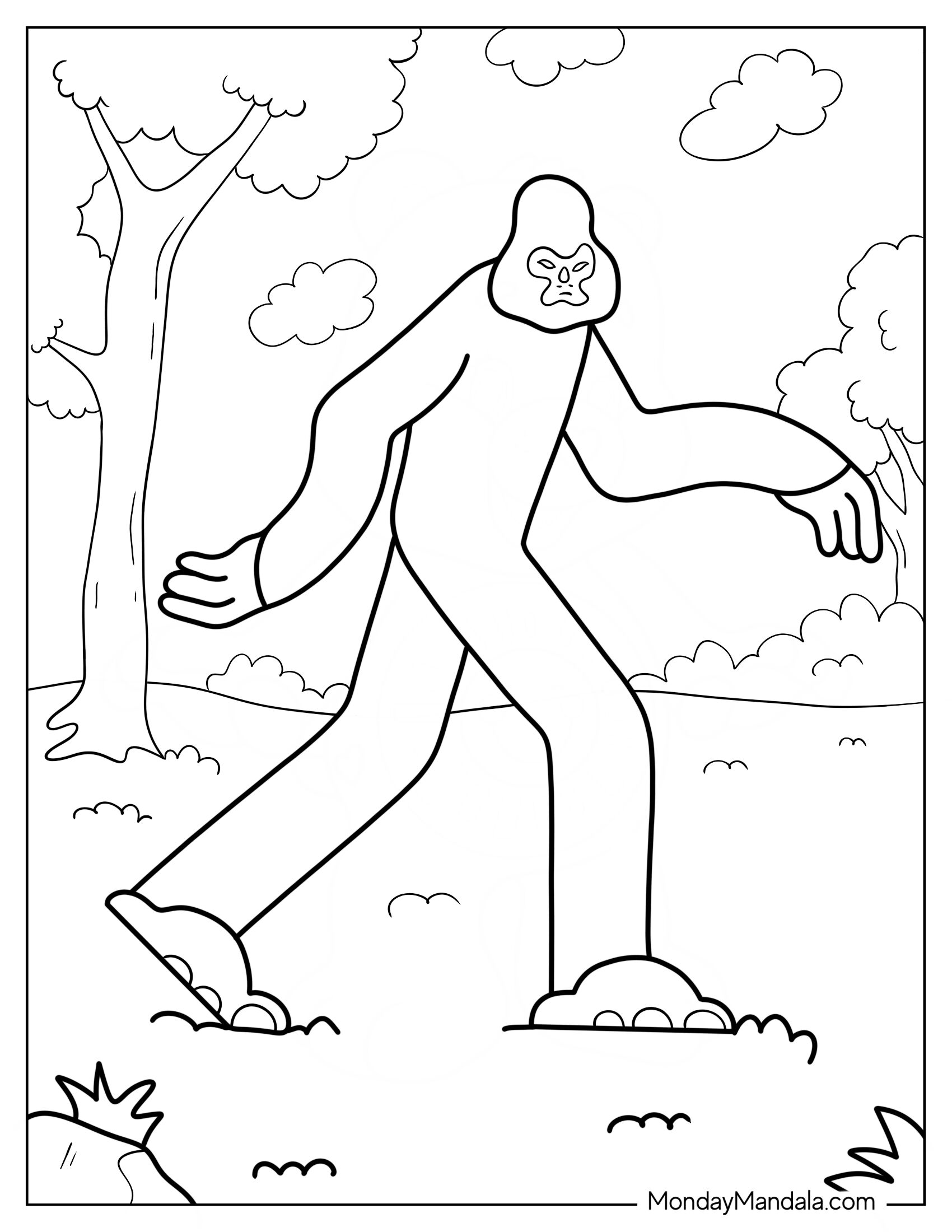 Simple Bigfoot And Yeti Coloring Page Outline For Kids