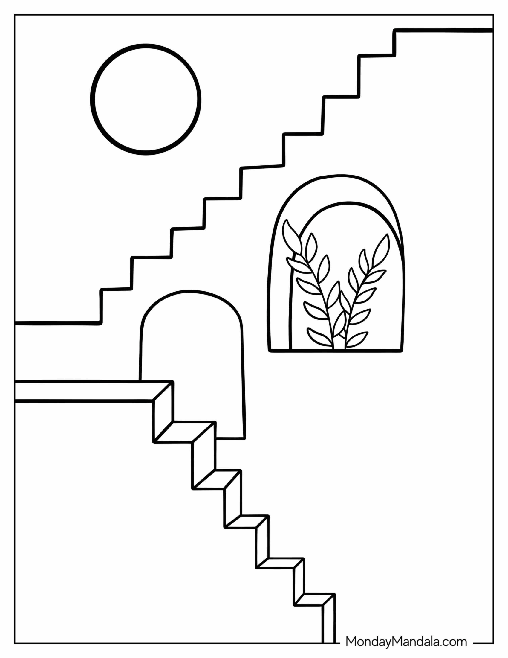 Simple Boho Coloring Page Stairs, Arches, And Sun Design