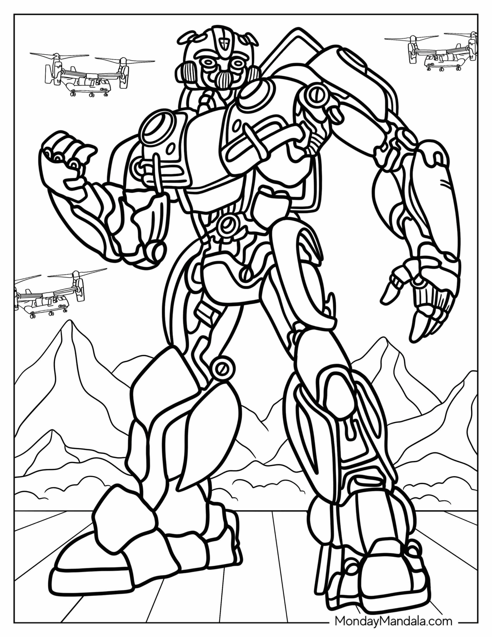 Simple Bumblebee Coloring Page With Helicopters