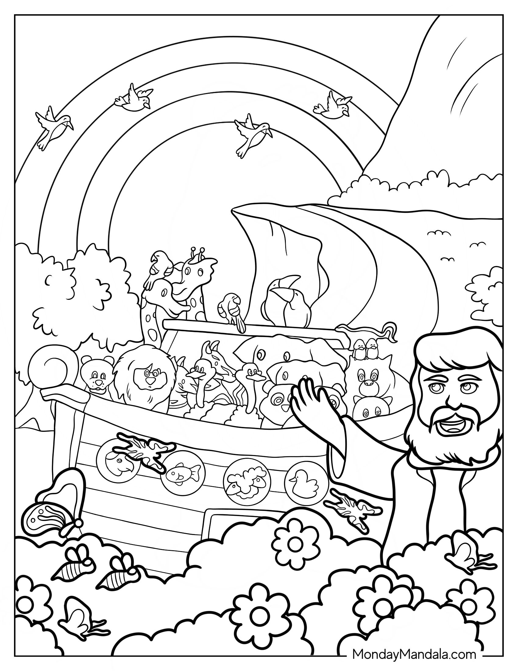 Simple Cartoon Noah's Ark Coloring Page Filled With Animals