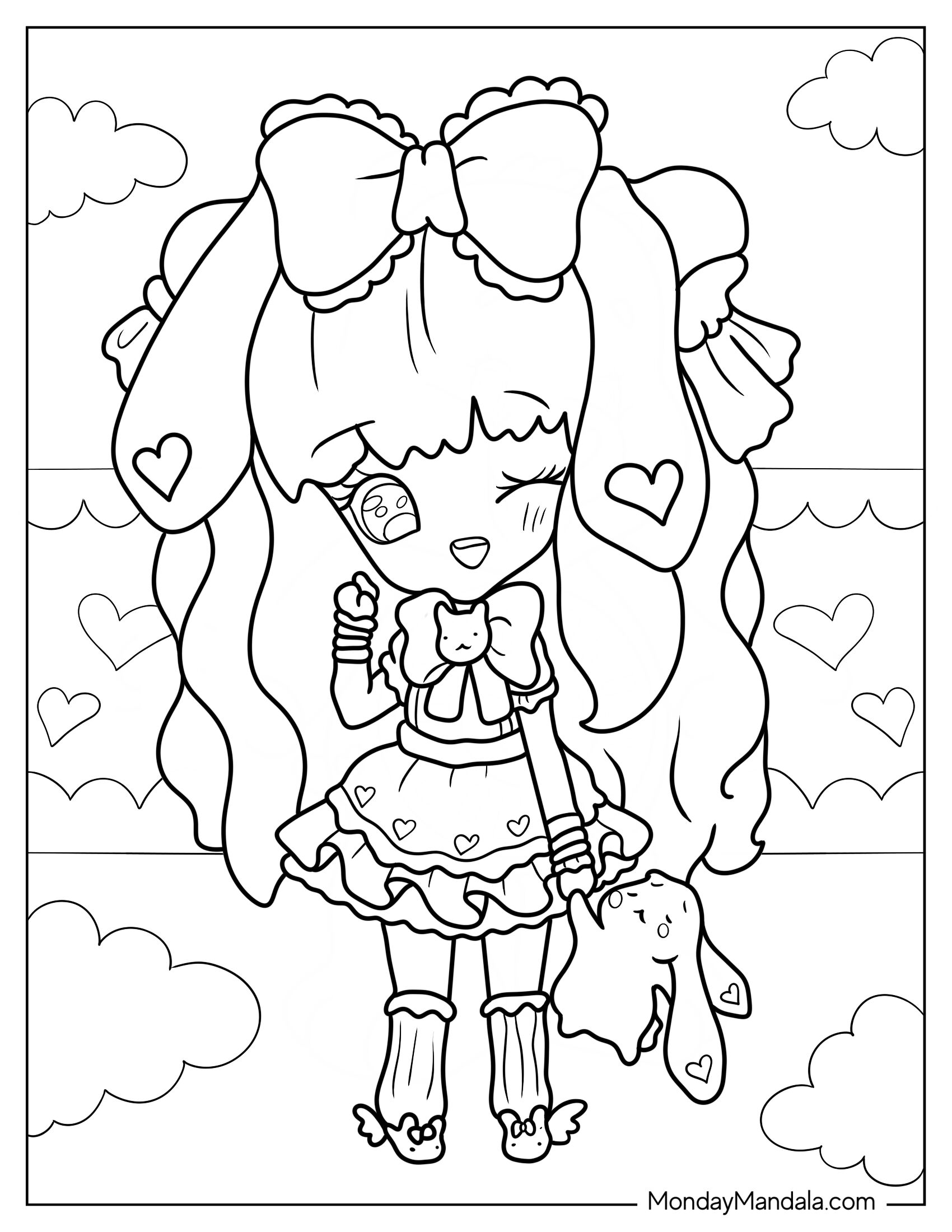 Simple Chibi Coloring Page Of Girl Outline Wearing Bow