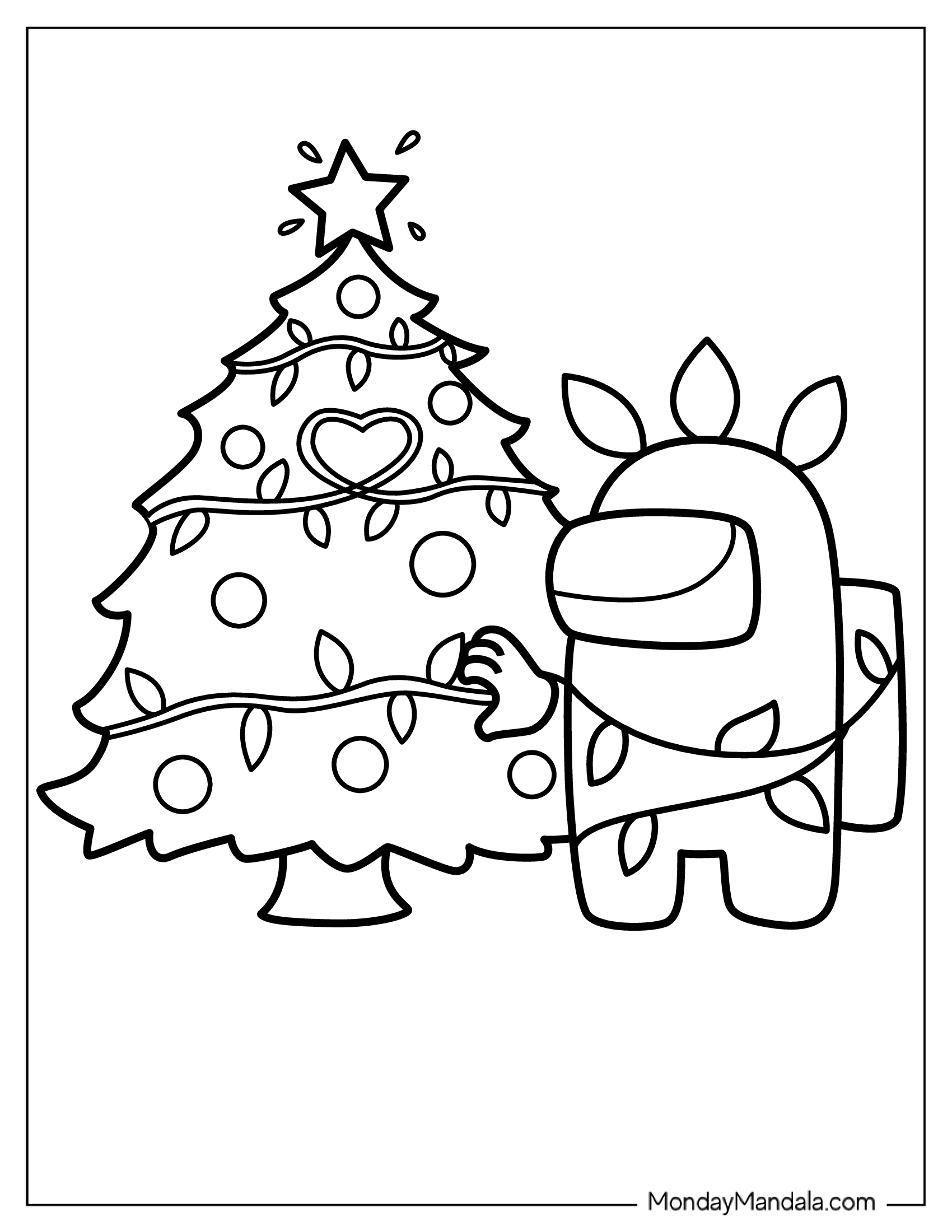 Simple Coloring Sheet of Crewmate with Christmas Tree