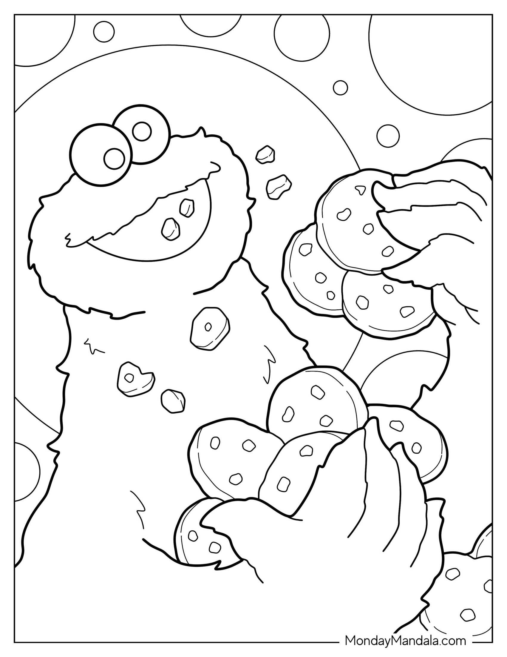 Simple Cookie Monster Coloring Page Eating A Lot Of Cookies