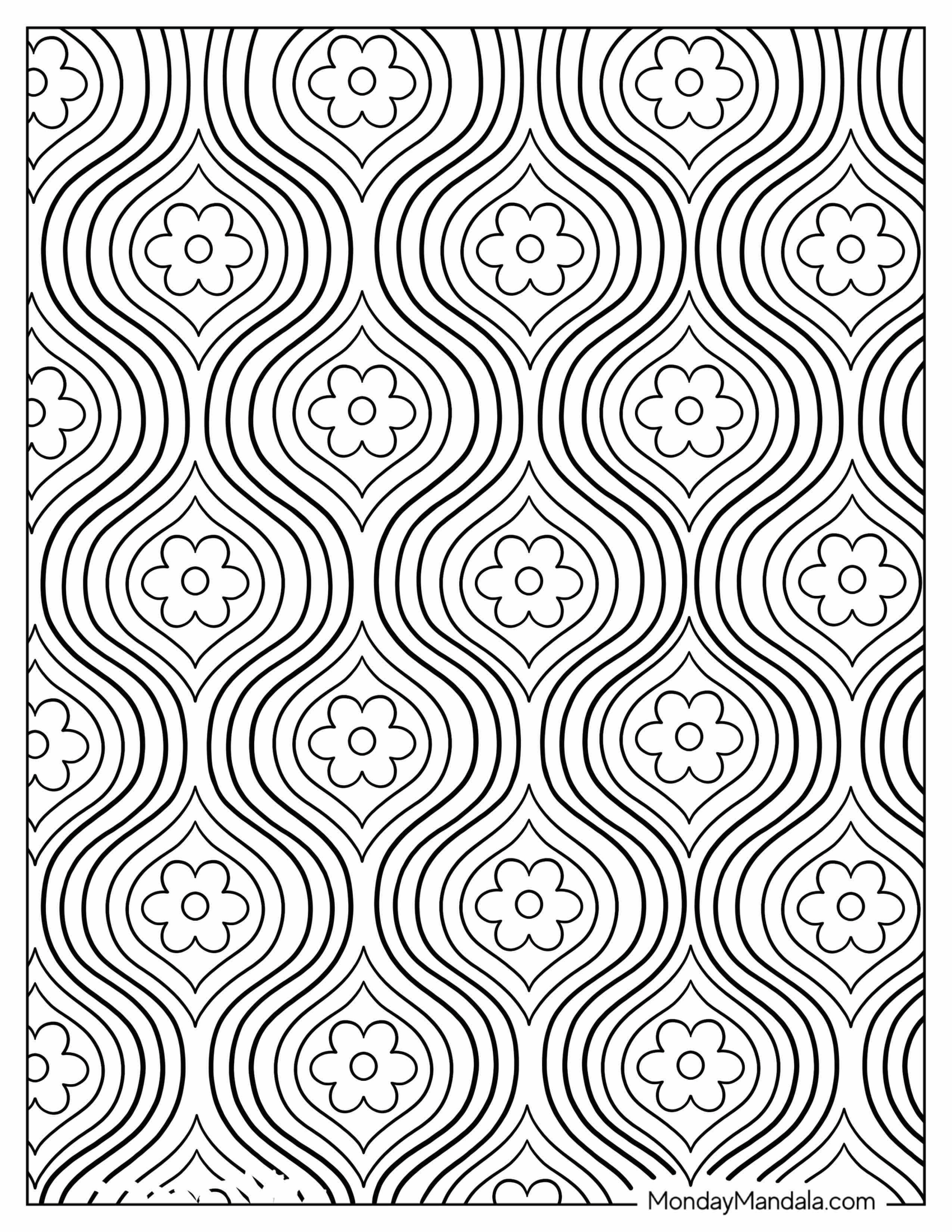 Simple Flowers With Wavy Lines Pattern Coloring Page For Kids