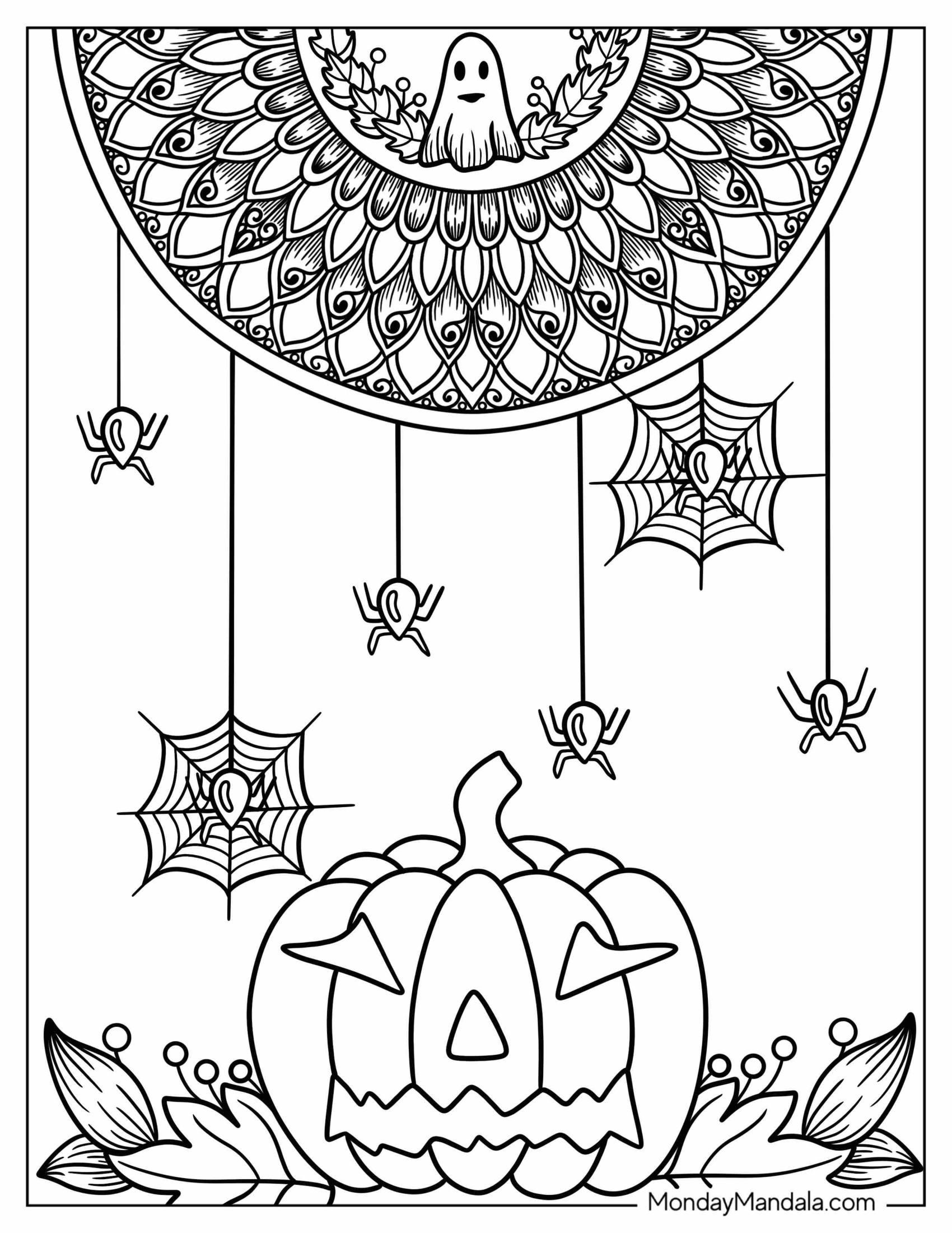 Simple Halloween Mandala Coloring Page With Cobwebs, Spiders, And Jack O Lantern