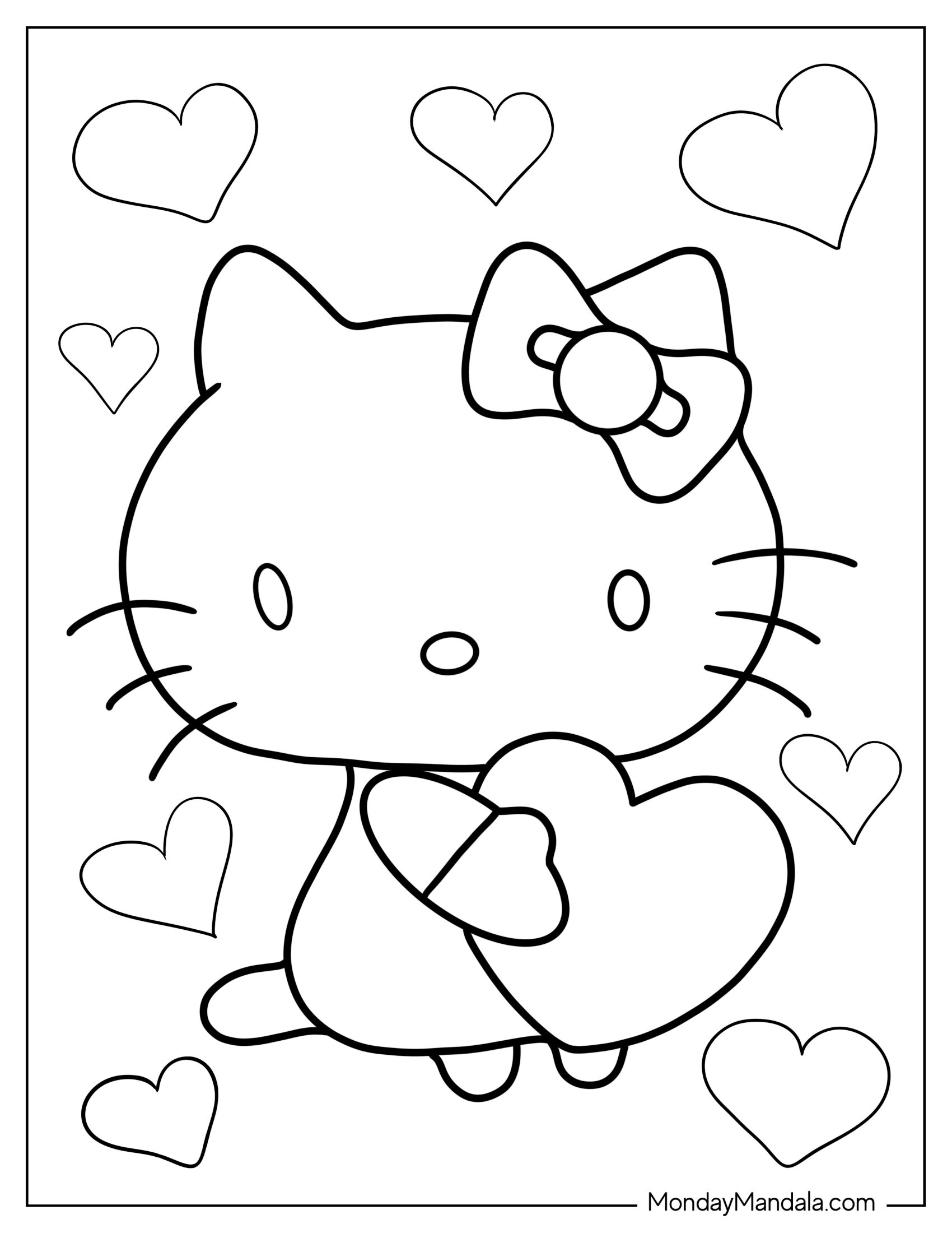 Simple Hello Kitty With Hearts Outline